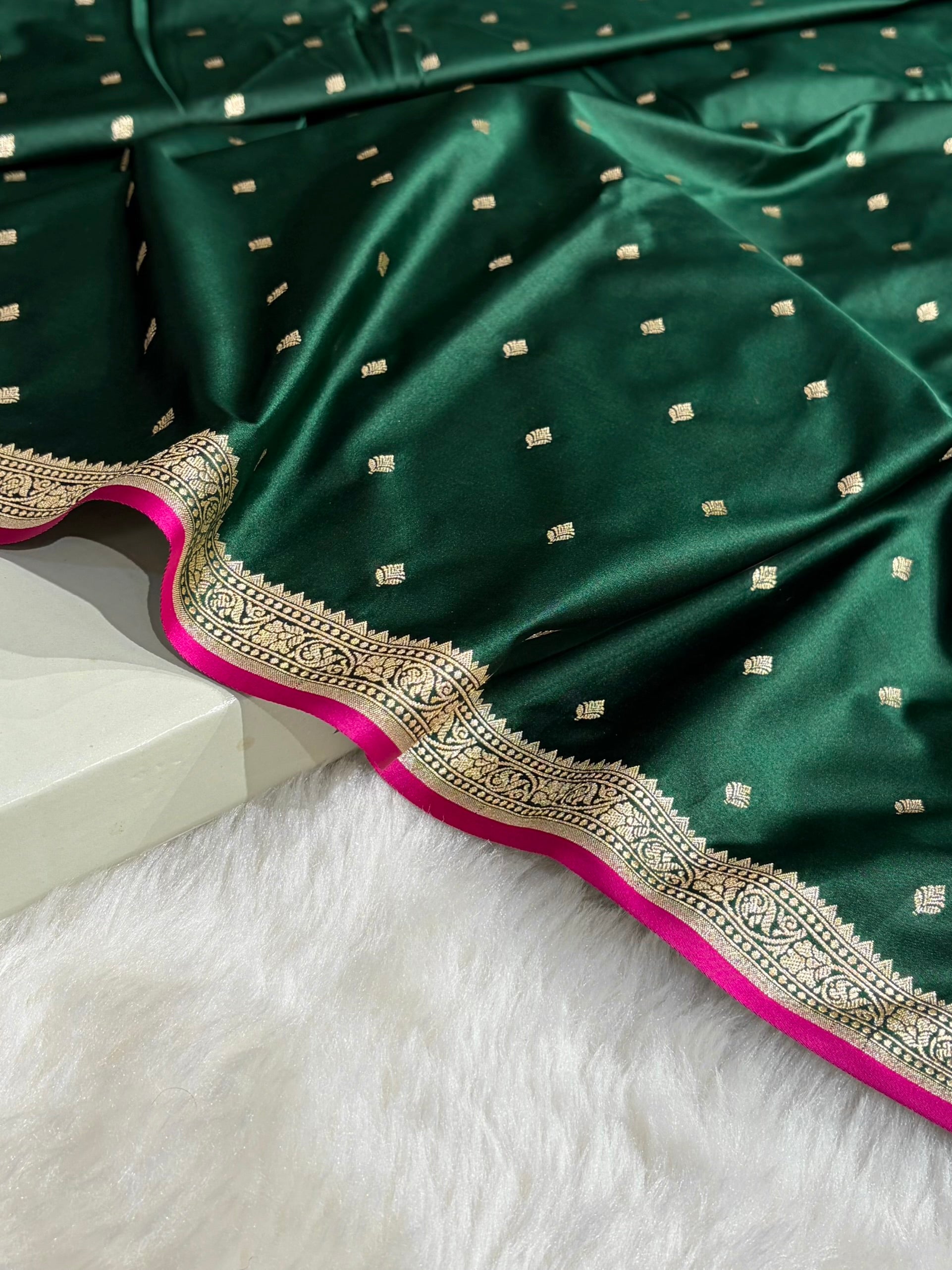 Premium Banarasi Satin Katan Saree in Dark Bottle Green Shades SK90