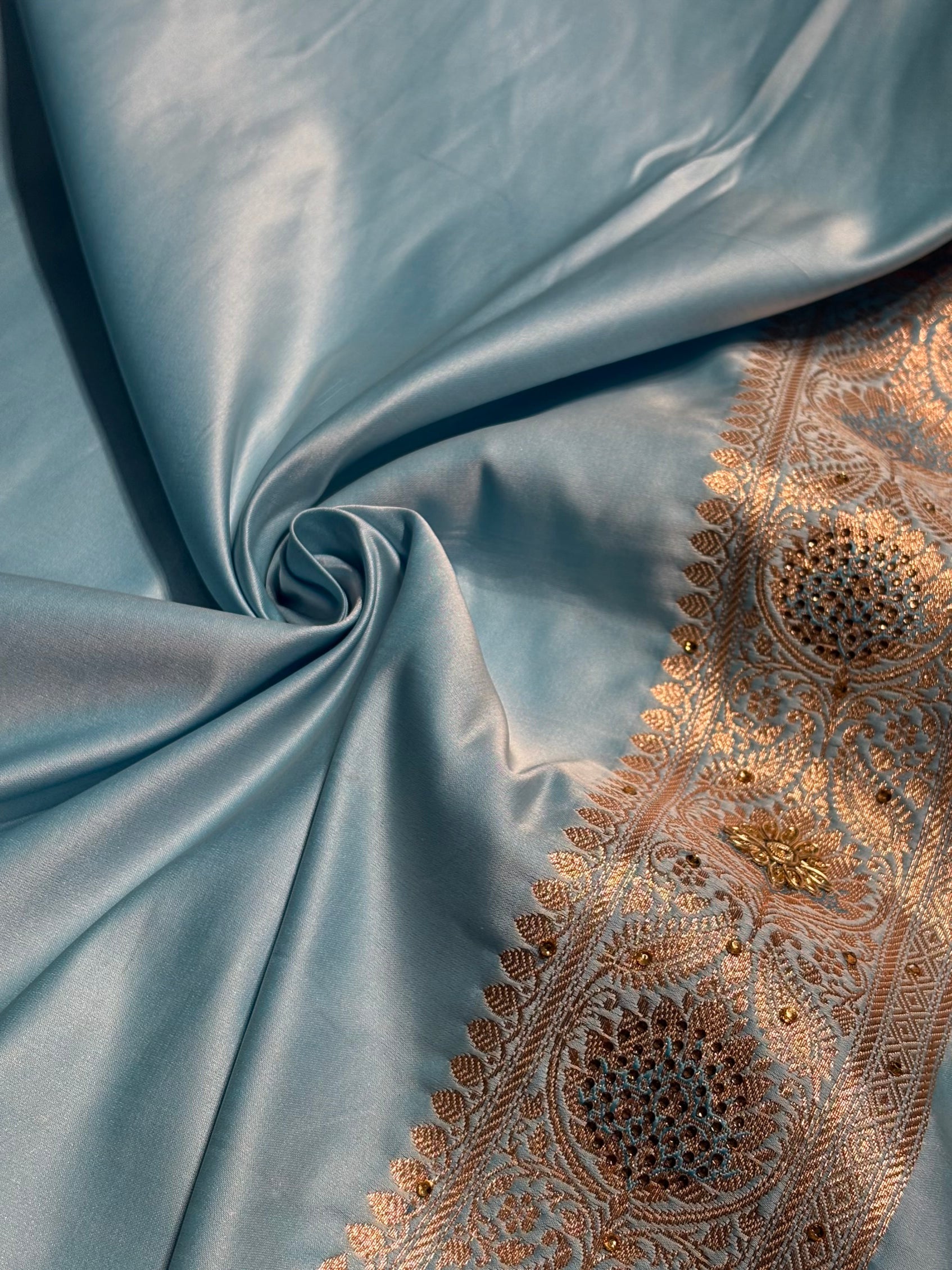 Sky Blue Shades Booti Katan Silk Saree with Stone & Zardozi Work BSK12