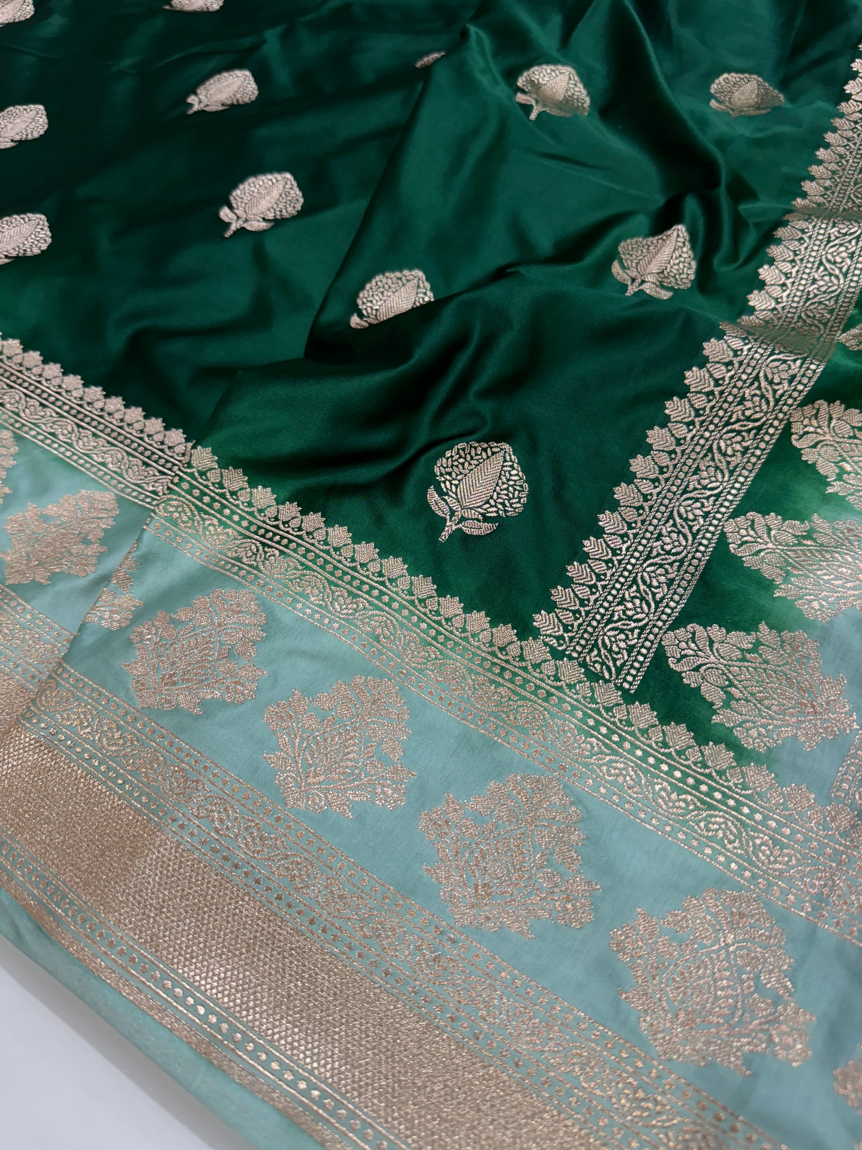 Bottle Green -SeaGreen Contrast Combination Mashru Silk Saree With Big Border