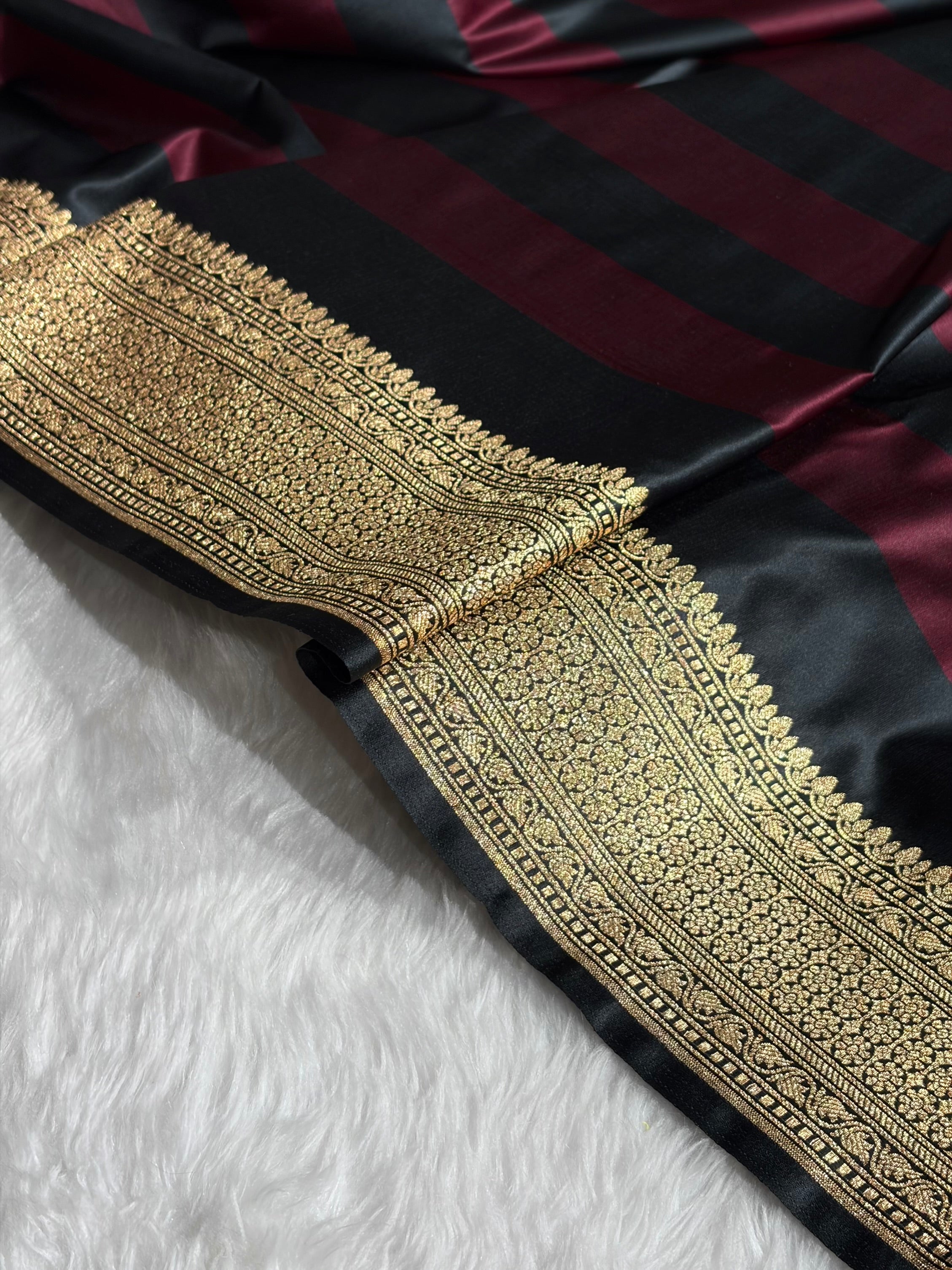 Dark Garnet With Black Horizontal Strips Floral Border & Brocade Blouse Mashru Silk Saree MSM-84