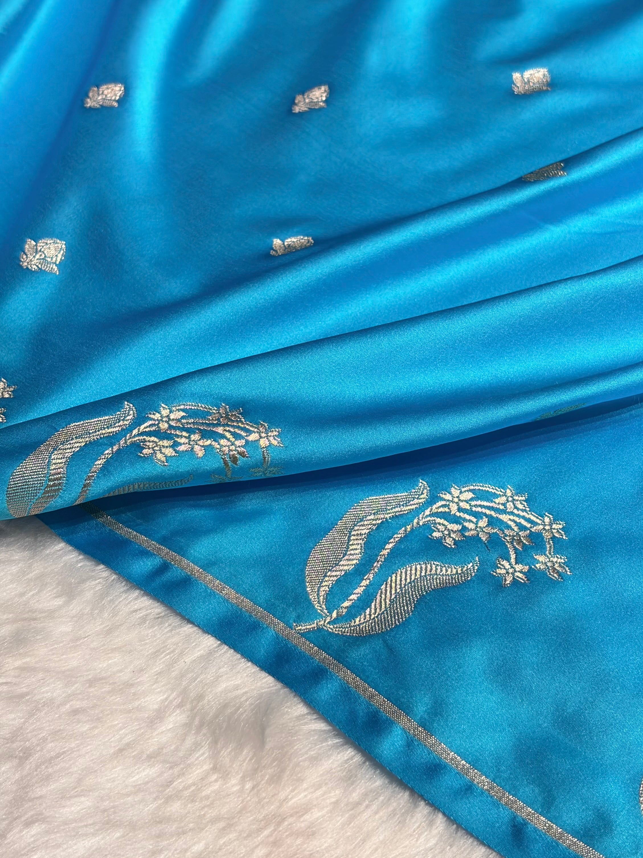 Sky Blue Shades Floral Border Booti Mashru Silk Saree MS74