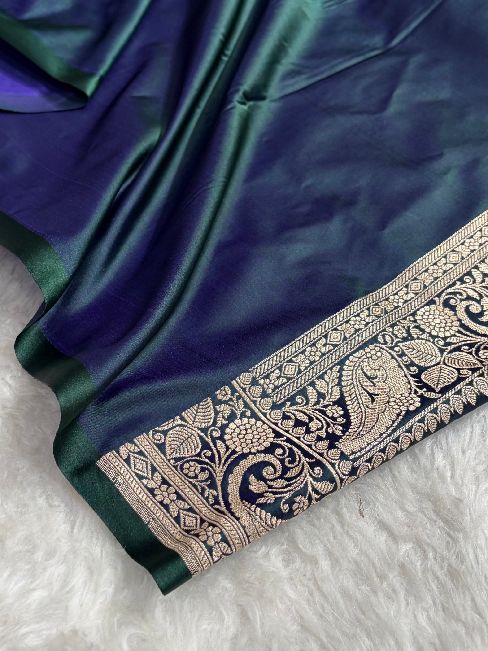 Banarasi Dark Peacock Shades Banarasi Boota Pattern Floral Mashru Silk Saree MSM-104