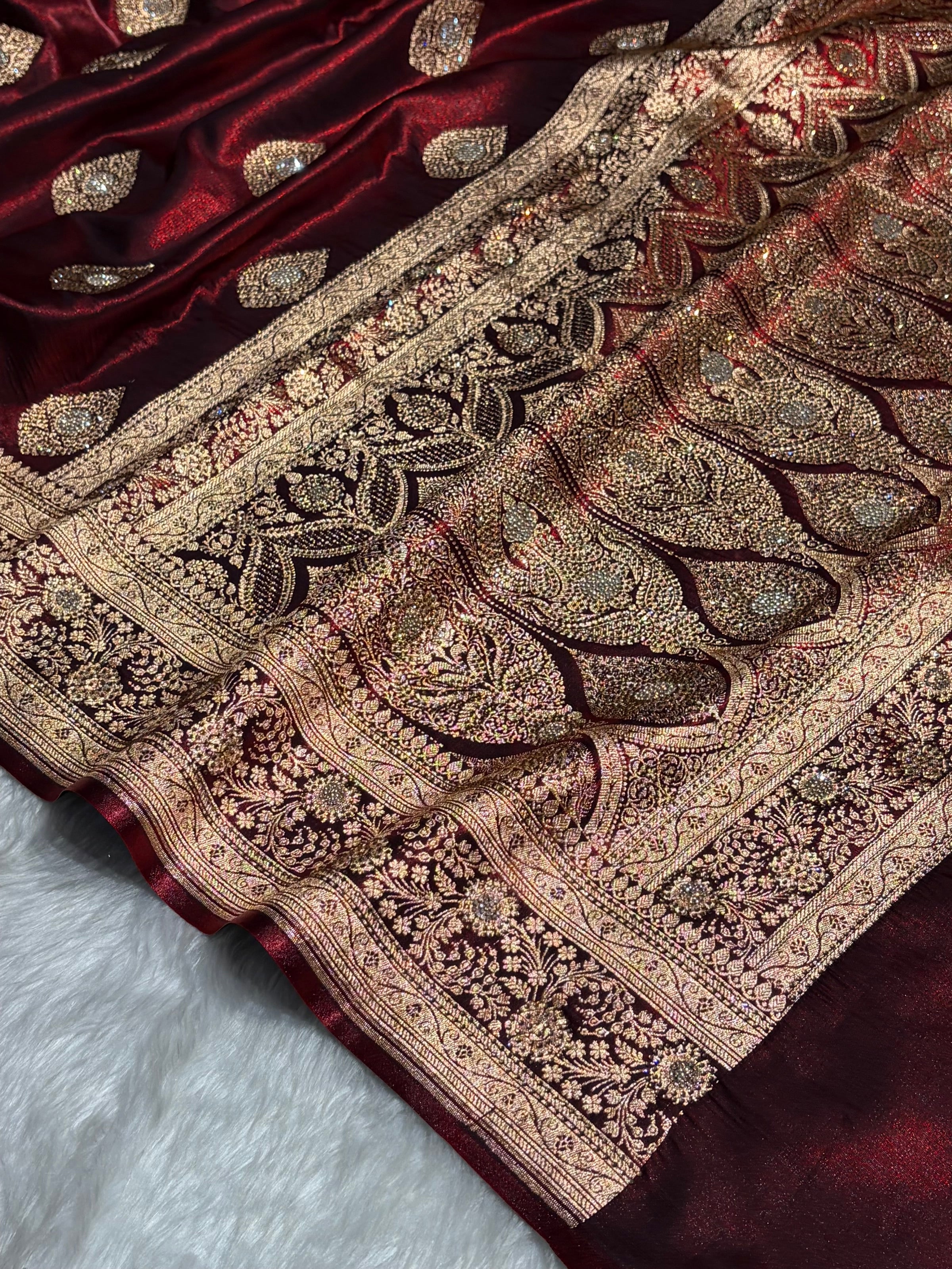 Maroon Shades Banarsi Satin Silk Boota with Stone Work BSS05