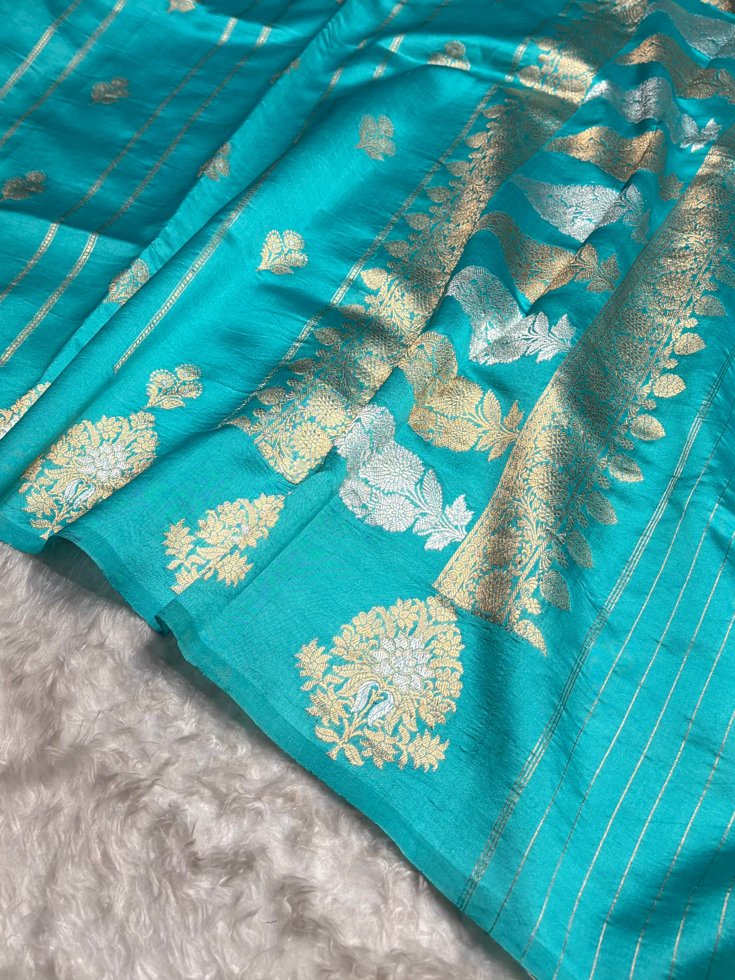 Powder Blue Shades Banarasi Handwoven Pure Paper Katan Silk RM-66