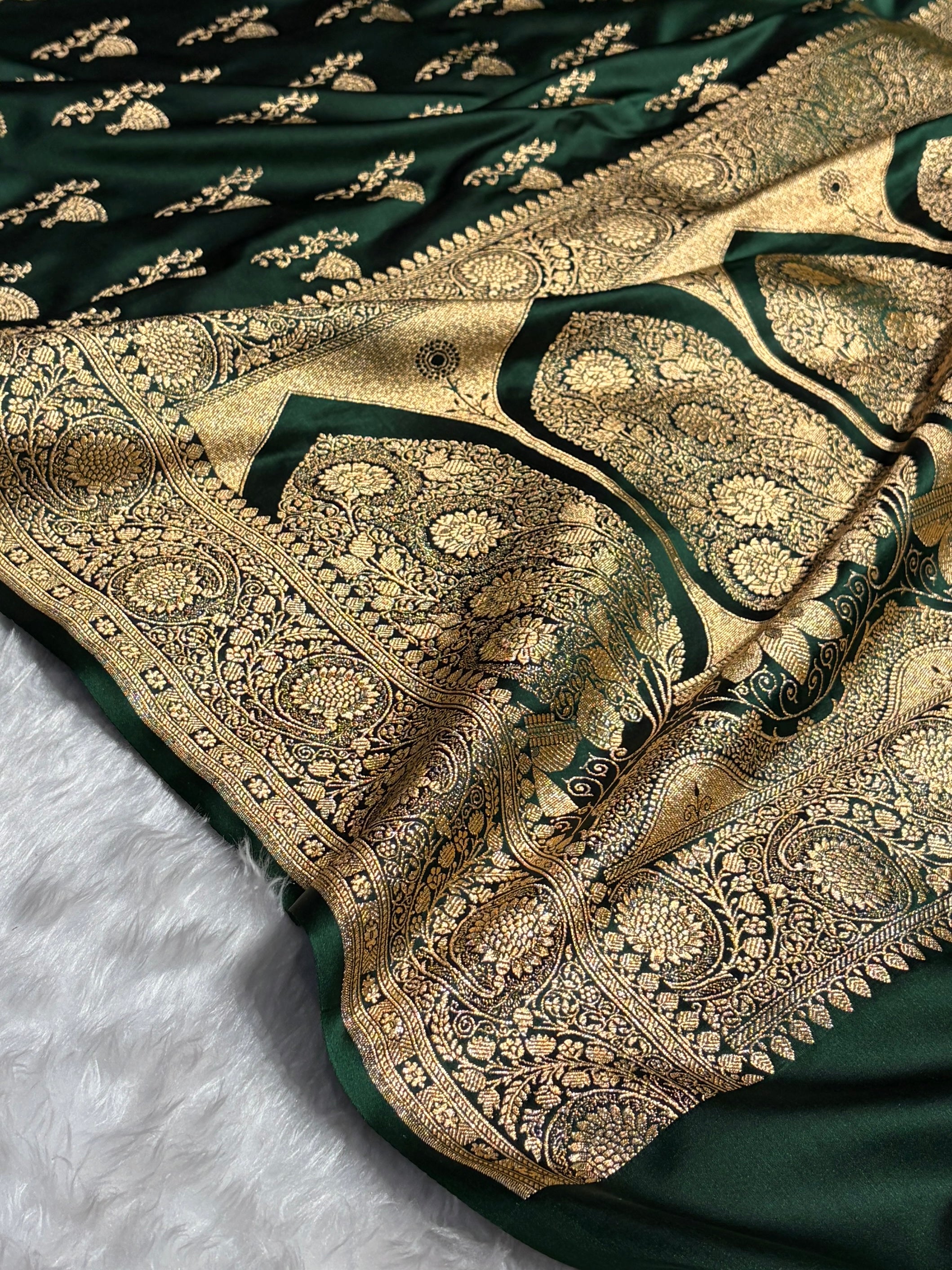 Banarasi Satin Katan Saree With Boota in Bottle Green Shades SK100
