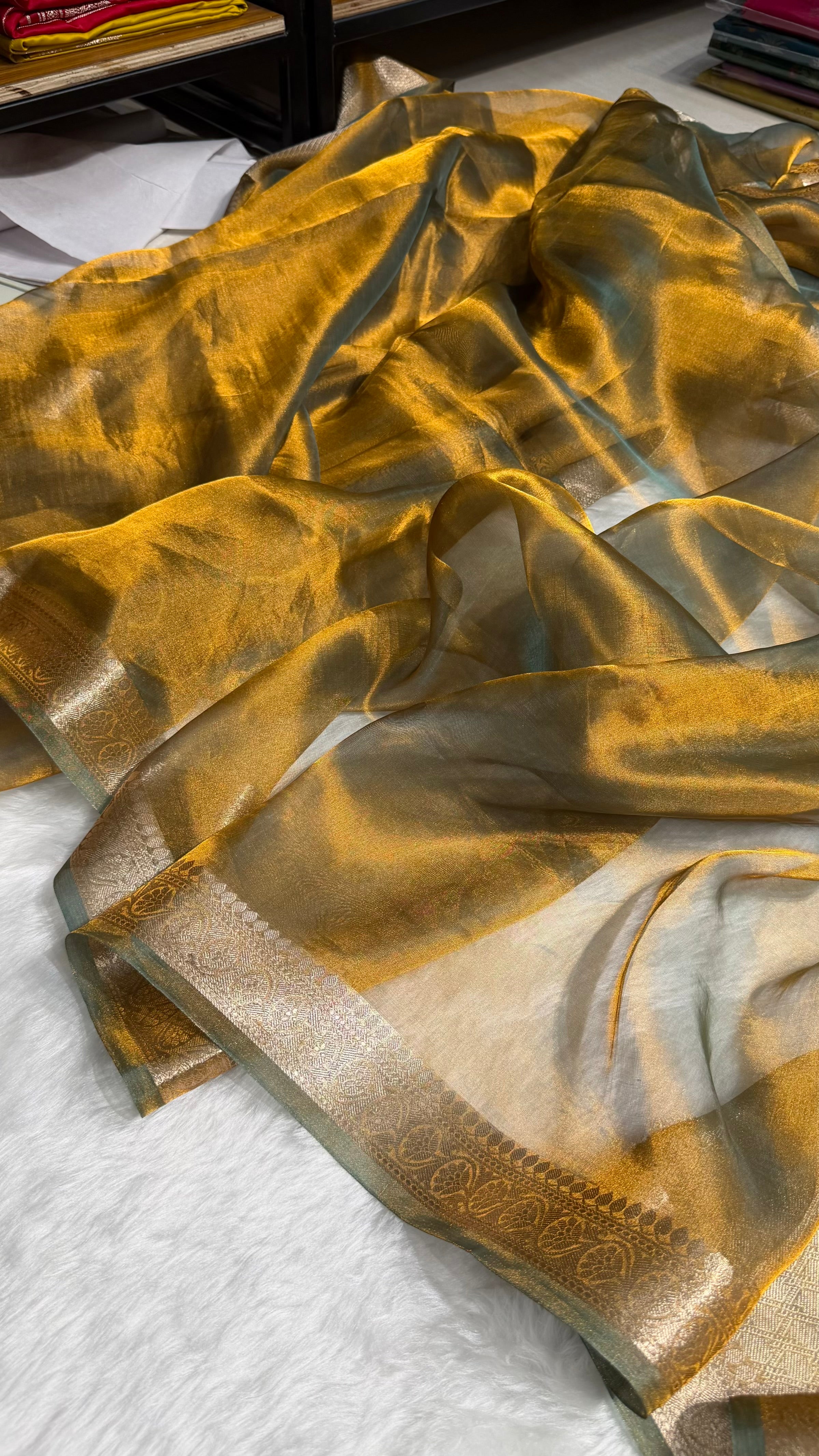 Cross Mehendi Shades Pure Tissue Silk Saree with Brocade Blouse PT-09