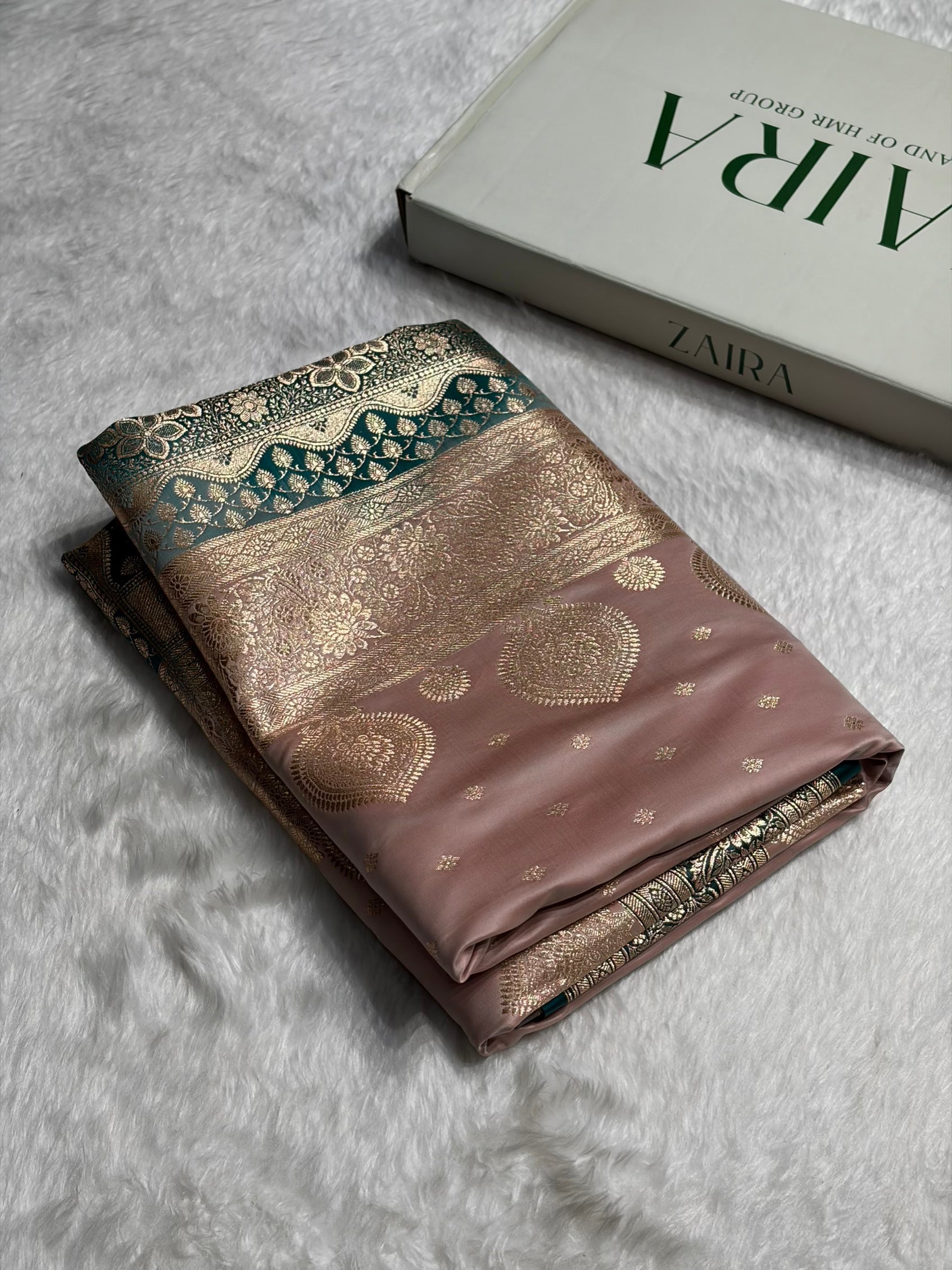 Rose Gold with Rama Booti Satin Katan Silk saree SK29