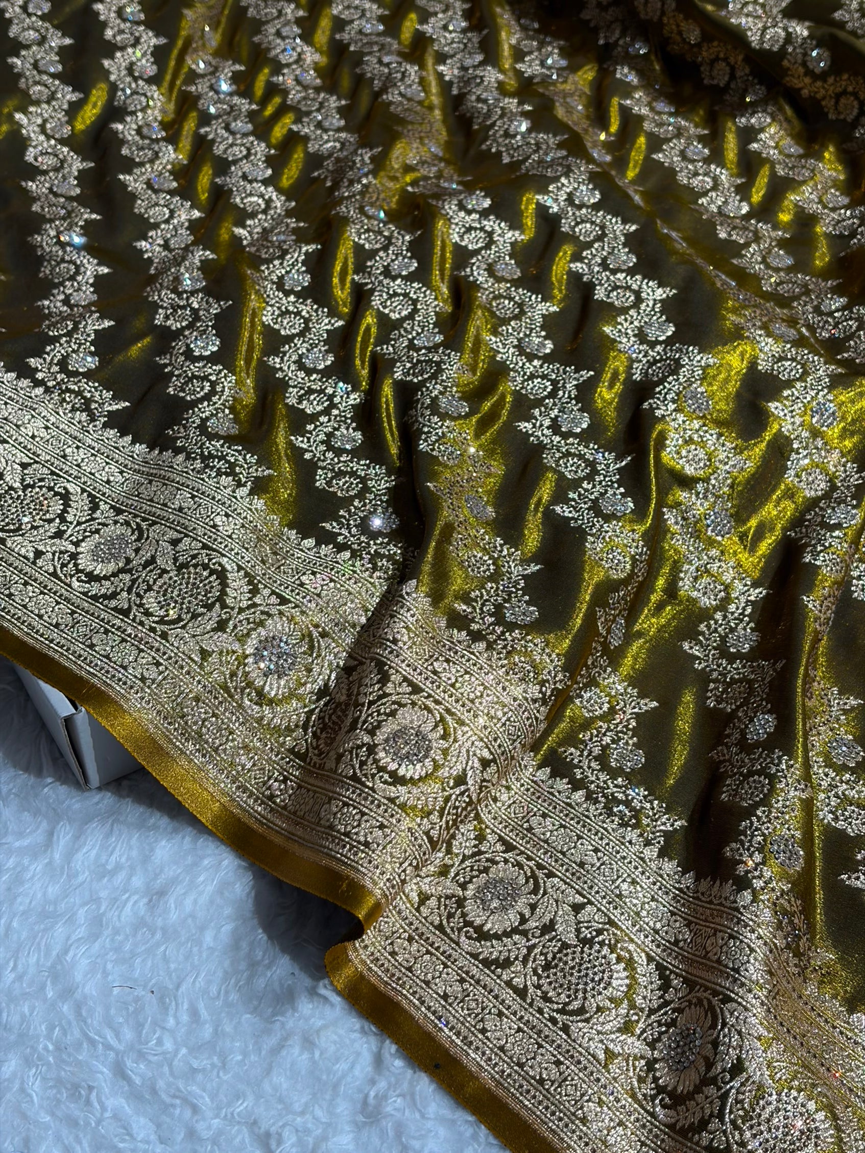 Banarasi Bridal Mehendi Shades With Swarovski Stone and White Stone Work Satin Silk Saree BSS32