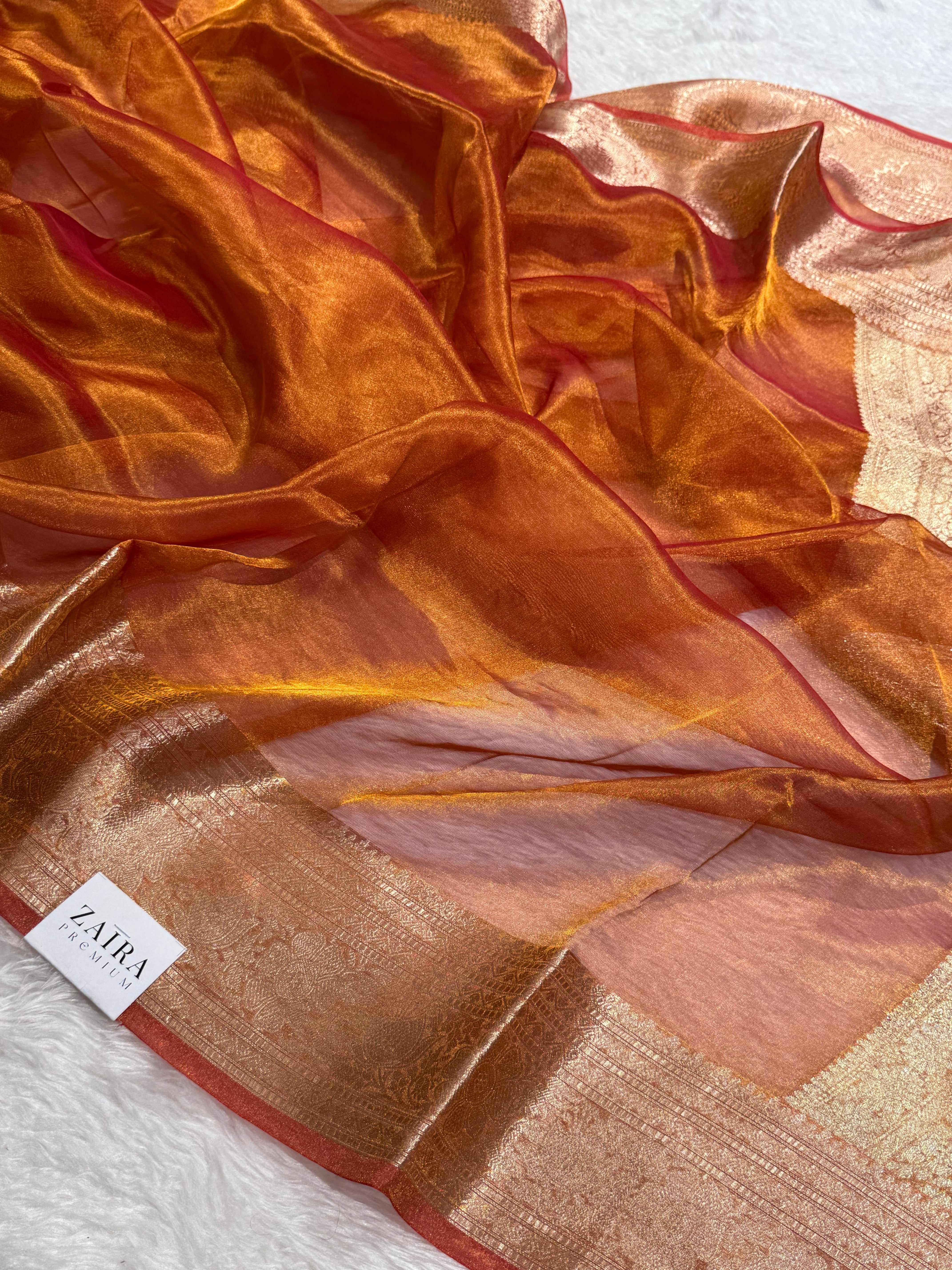 Orange Shades Pure Tissue Silk Saree with Brocade Blouse PT-16