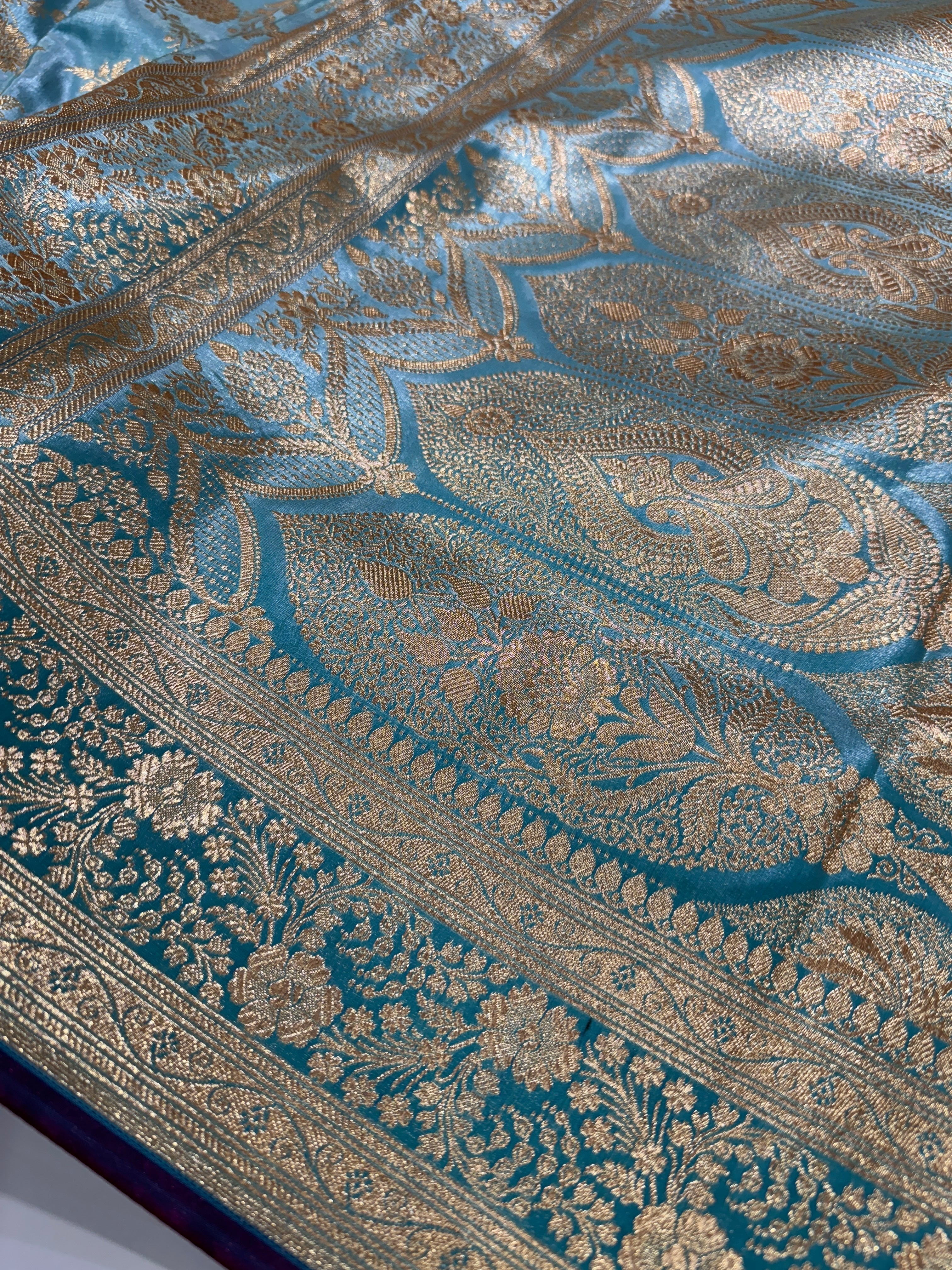 Ultra Light Weight Satin Silk Jaal in Pastel Blue Shades SS14