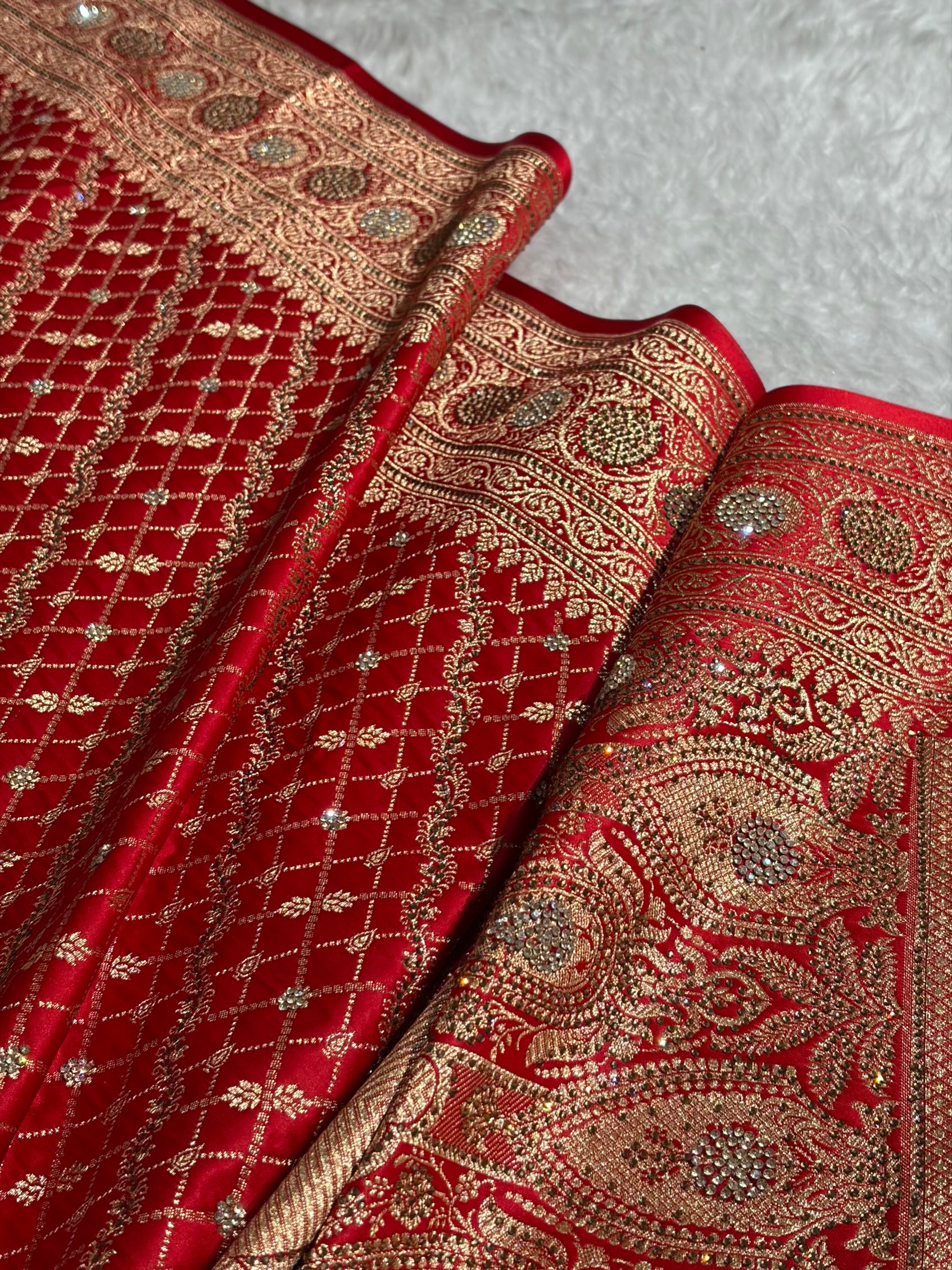 Red Banarasi Brocade With Swarovski Work Soft Katan Silk Saree - BSK44