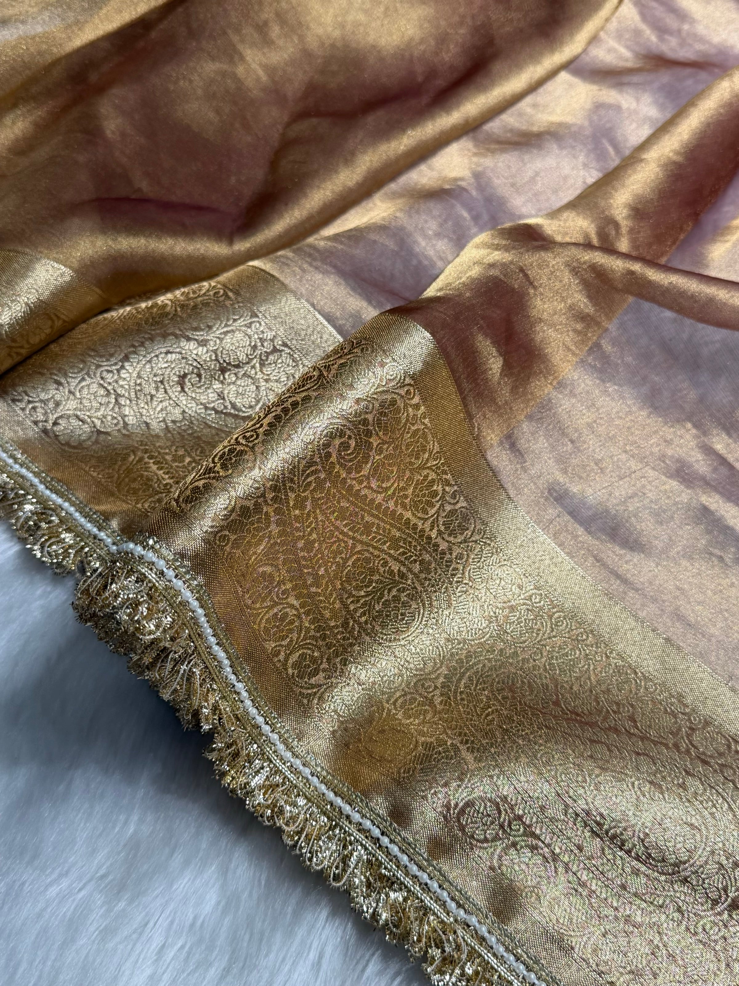 Dark Cheeku Tissue With Bananasi Gotta Patti Work Floral Pure Tissue Silk Saree PTGP-57