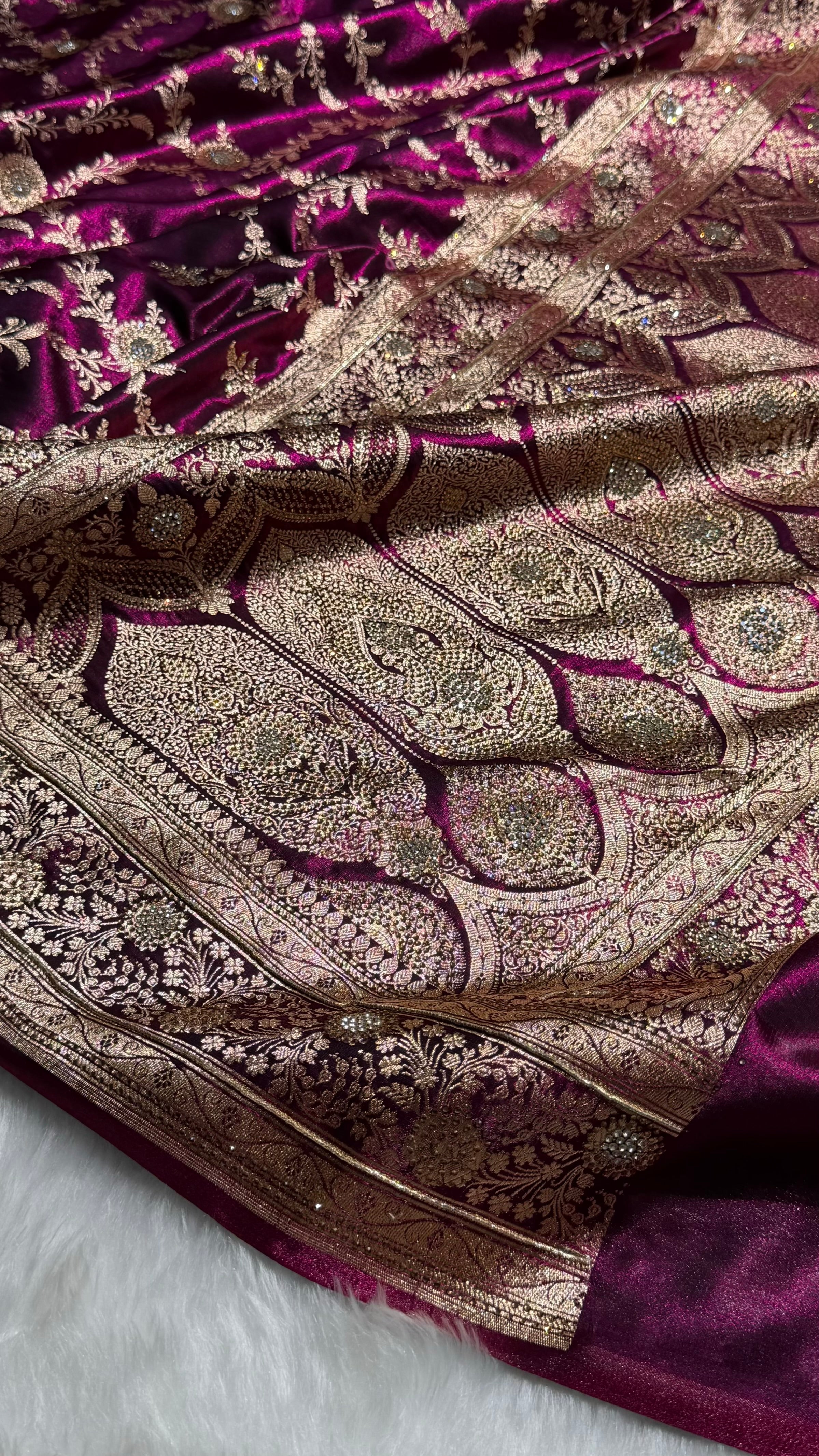 Light Weight Swarovski Work Wine Jaal Pattern Satin Silk Saree BSS14