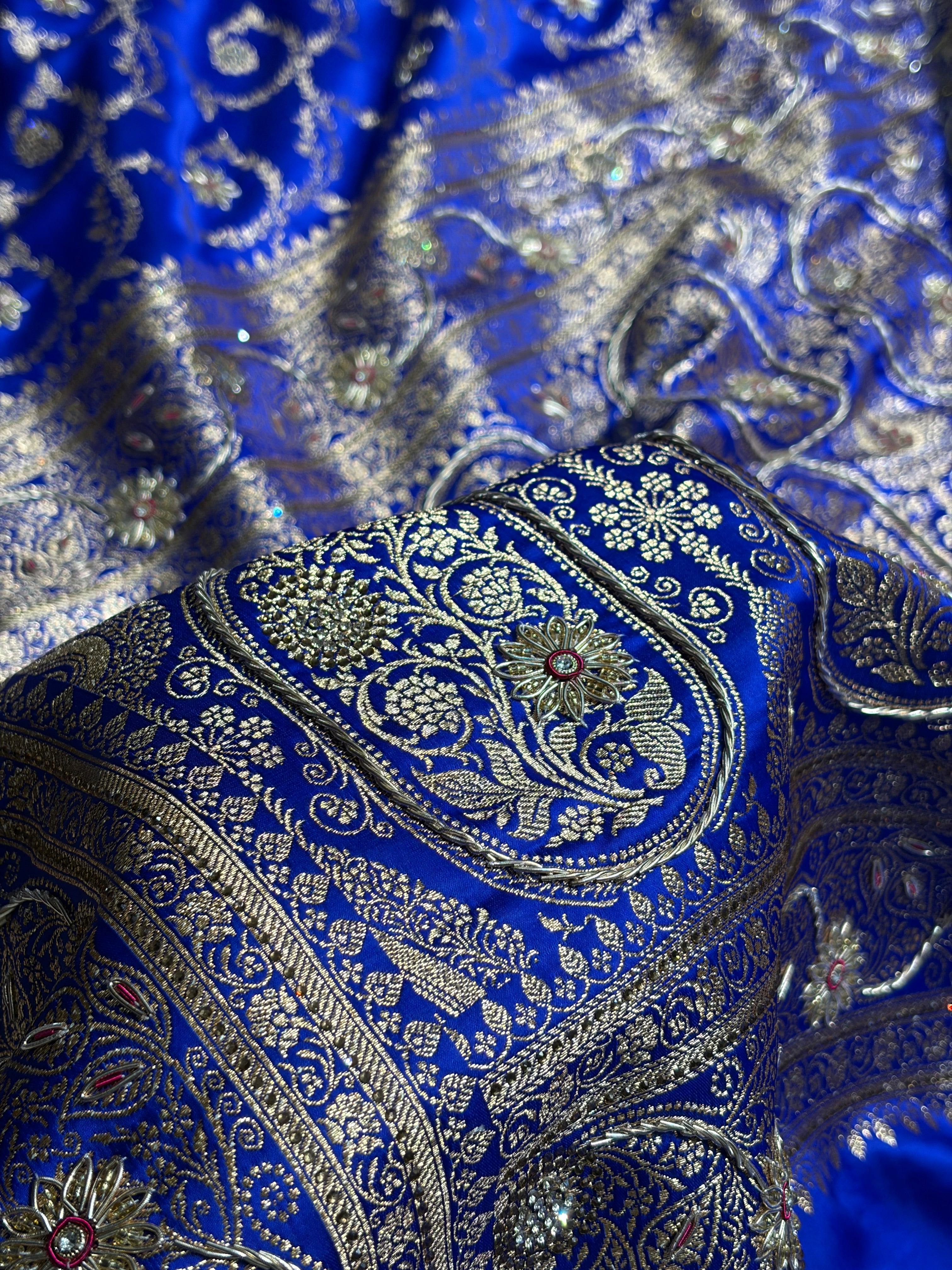 Royal Blue Shades Floral With Zardozi Work In Jaal Pattern Satin Katan Silk saree BSK55