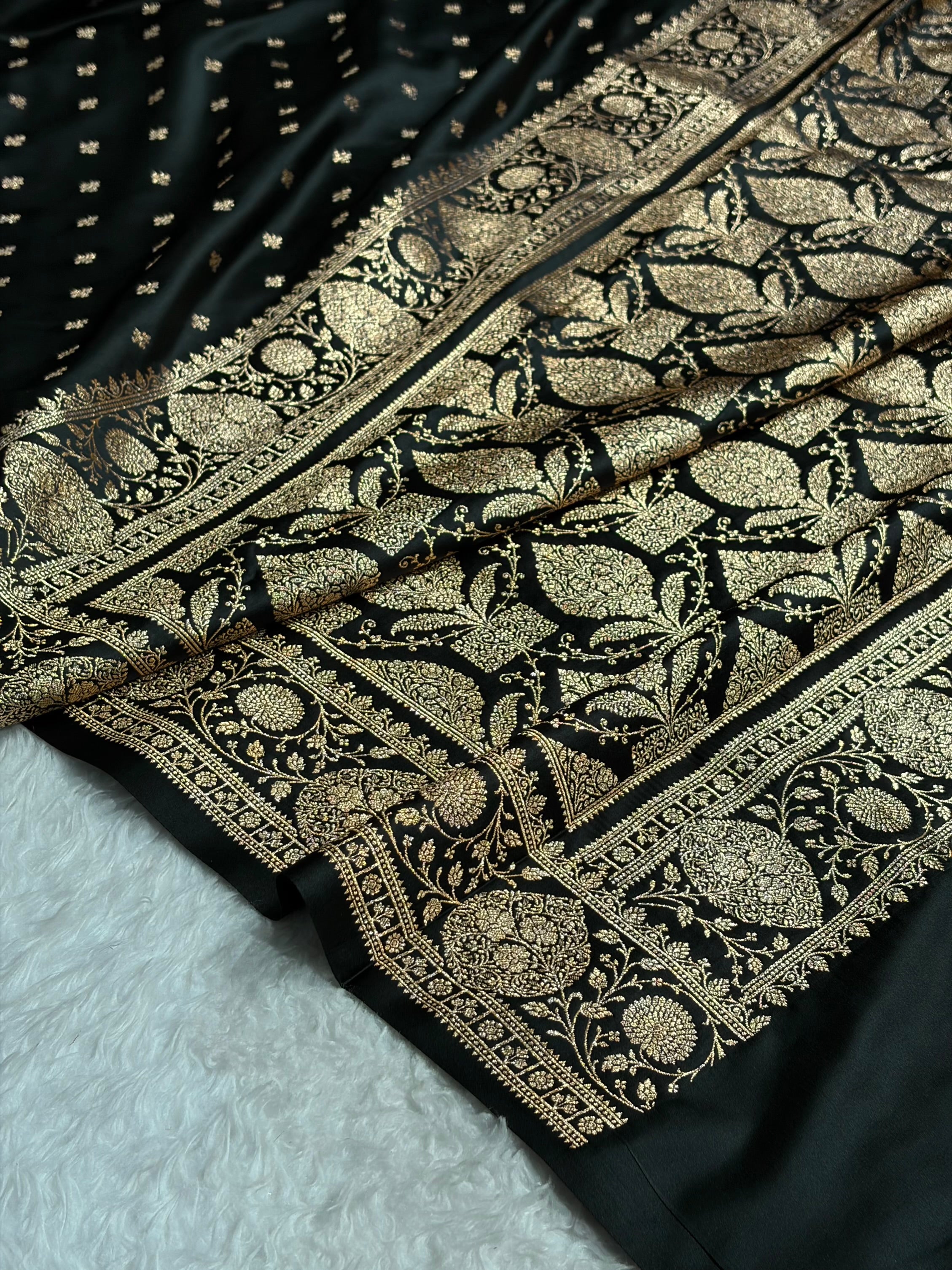 Banarasi Satin Katan Saree With Boota in Black Shades SK117