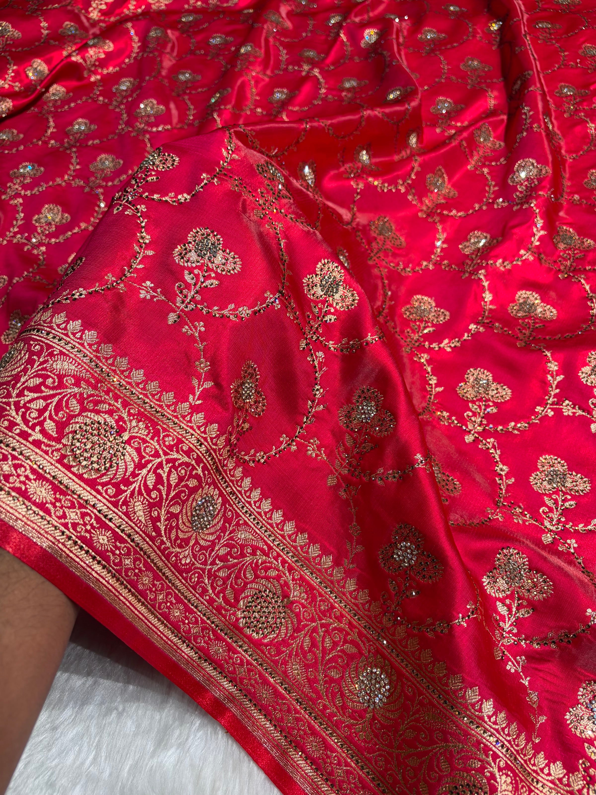 Satin Silk Saree Jaal in Pinkish Red Shades With Swarovski Work BSS23
