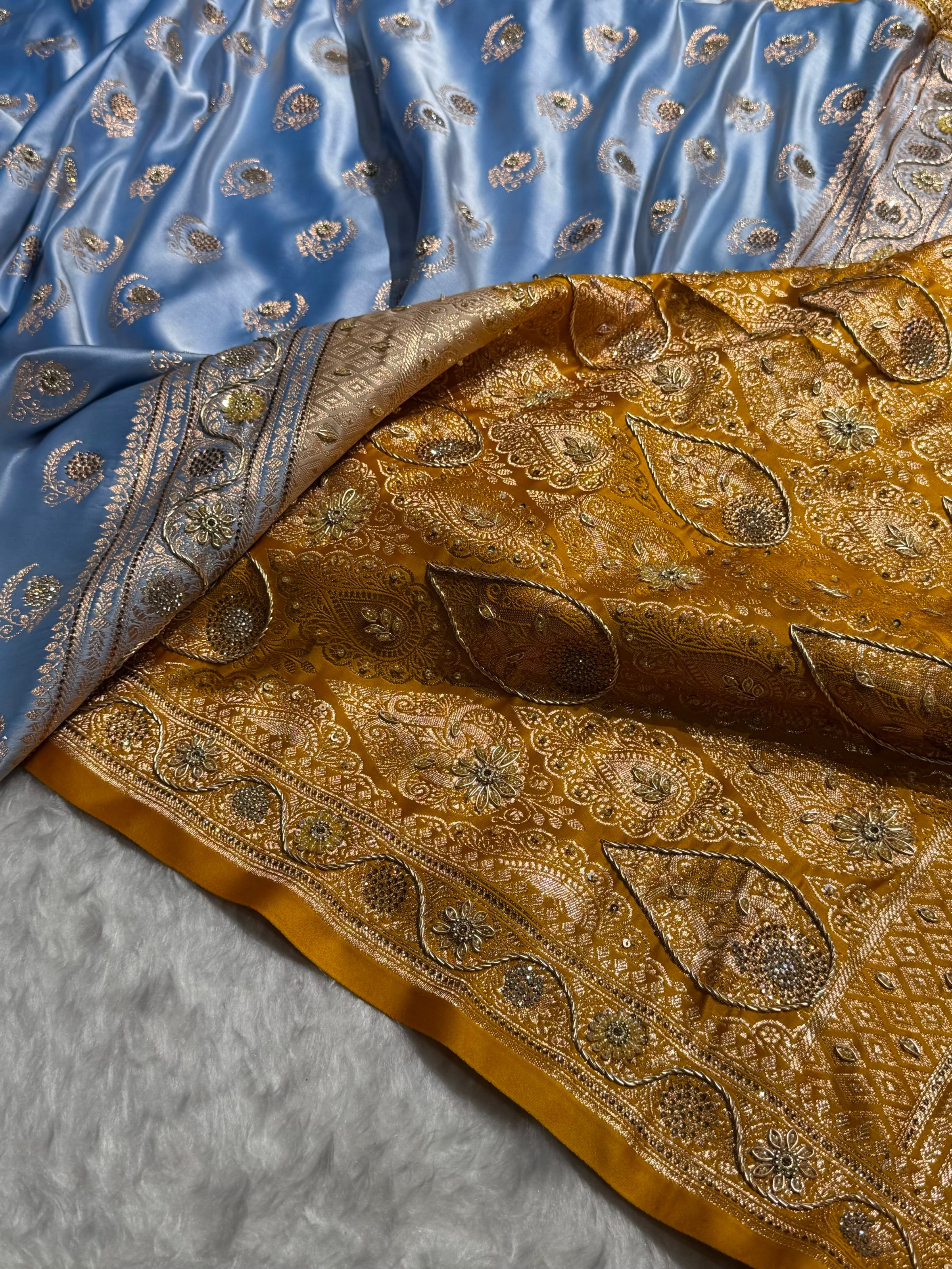Sky Blue with Mustard Floral Boota With Swarovski & Zardozi Work Satin Katan Silk saree BSK27
