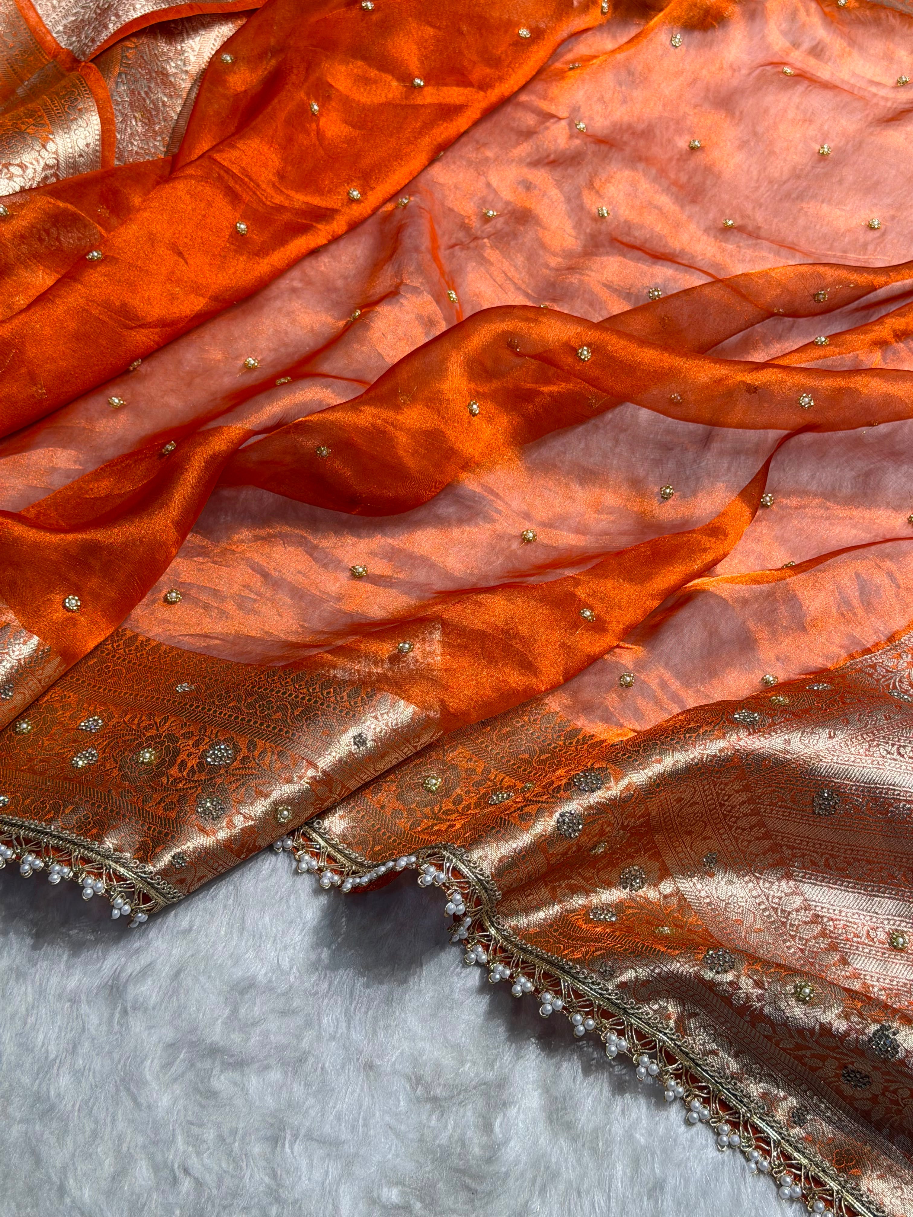 Orange Shades Pure Tissue Silk With Banarasi Swarovski Work Saree with Brocade Blouse BPGPT-08
