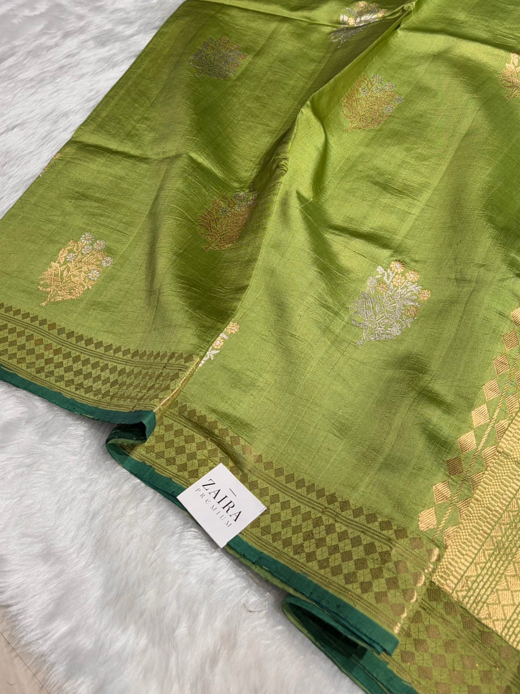 Olive Green Shades Handwoven Pure Raw Mango Silk RM-48