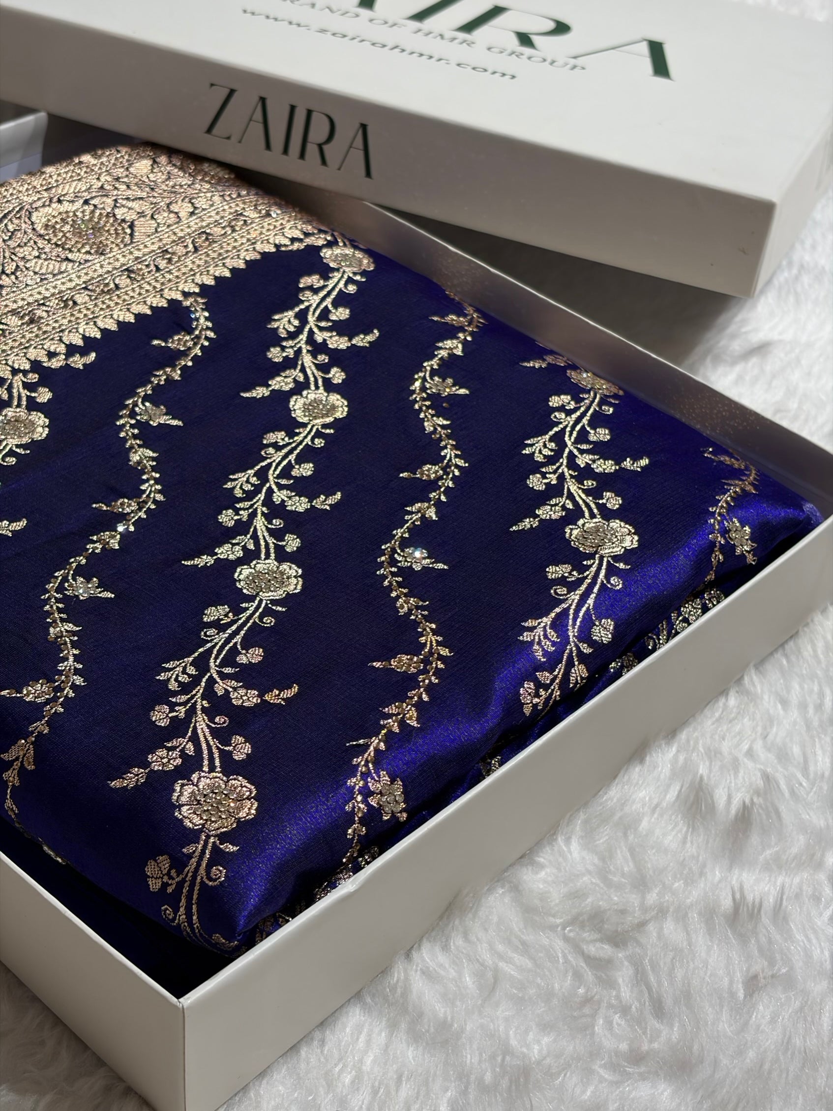 Satin Silk Cross Pattern With Swarovski Work in Royal Blue Shades BSS37