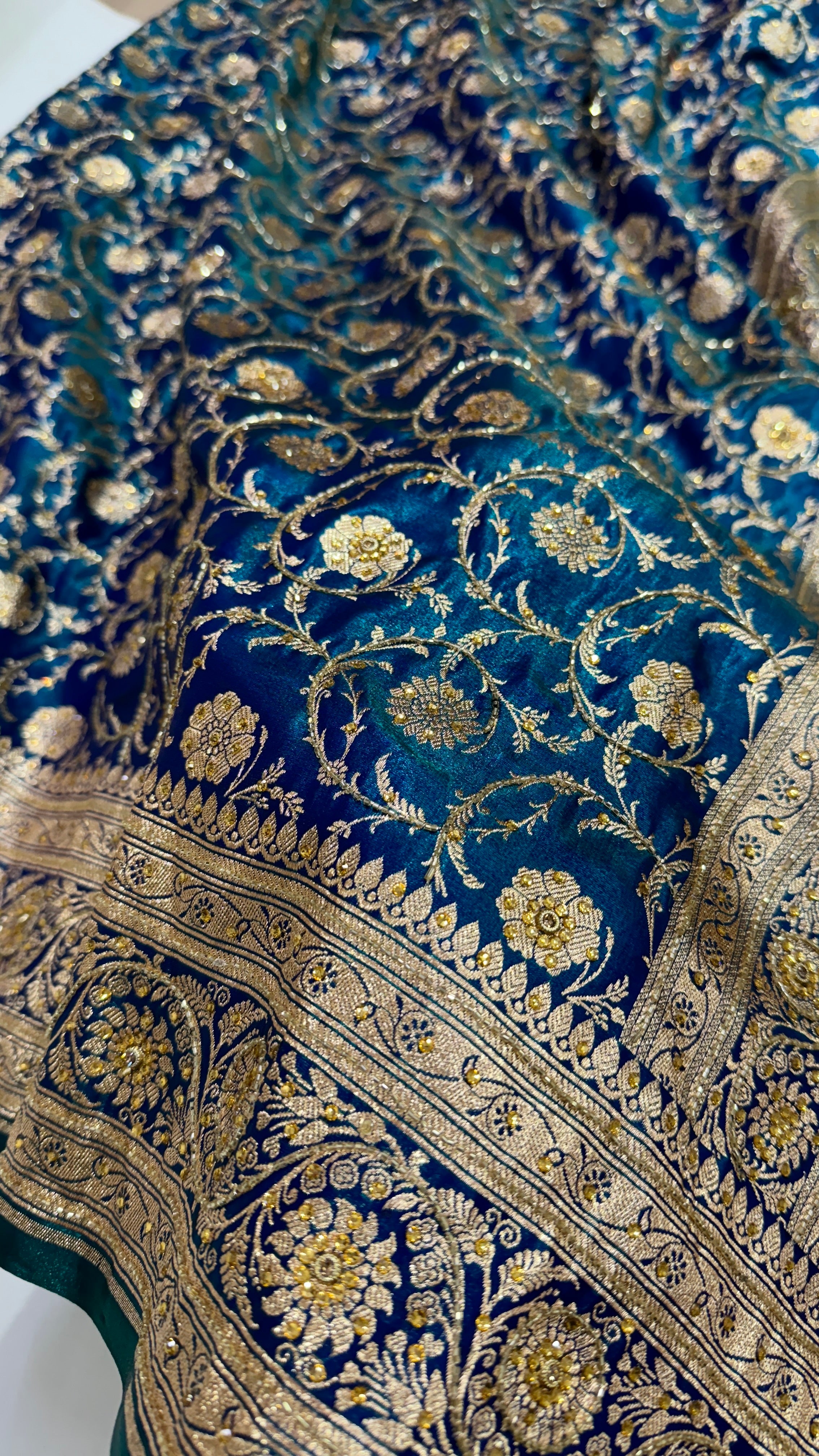 Peacock green Satin Jaal with Ari and Stone