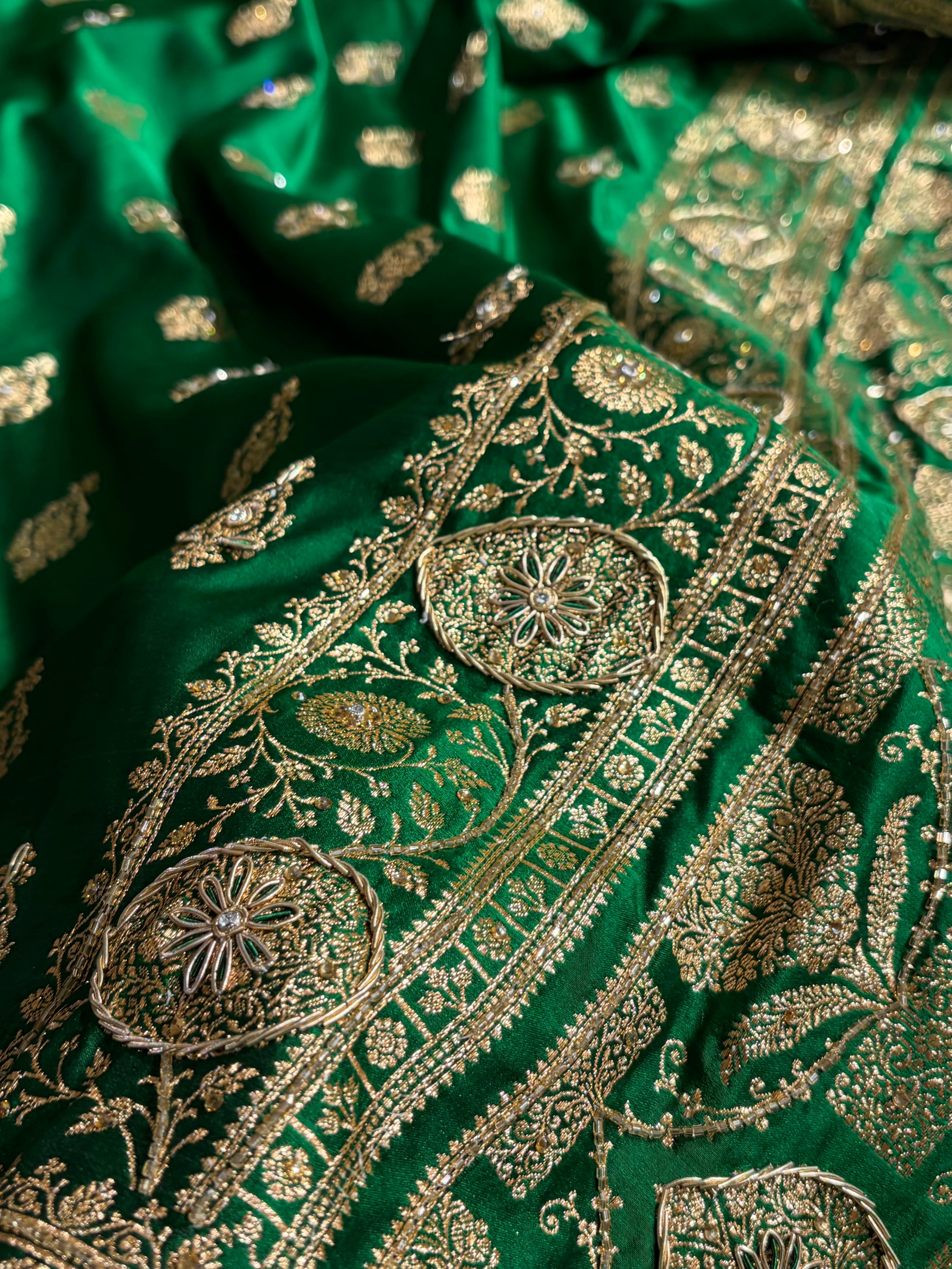 Banarasi Satin Katan Saree With Aari Zardozi Work Boota in Bottle Green Shades BSK98