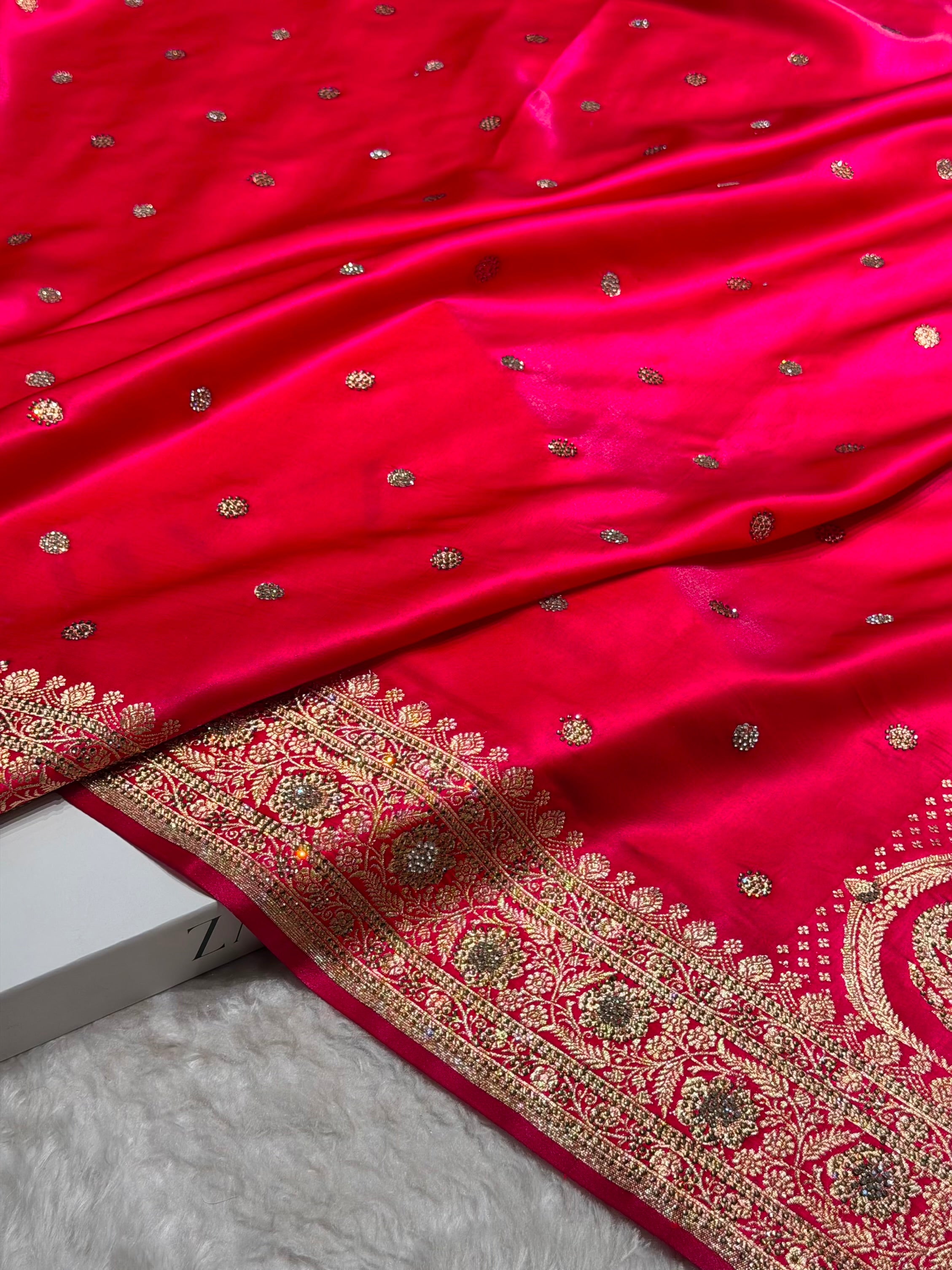 Satin Silk Saree Banarasi Booti With Swarovski Work in Cross Rani Shades BSS29
