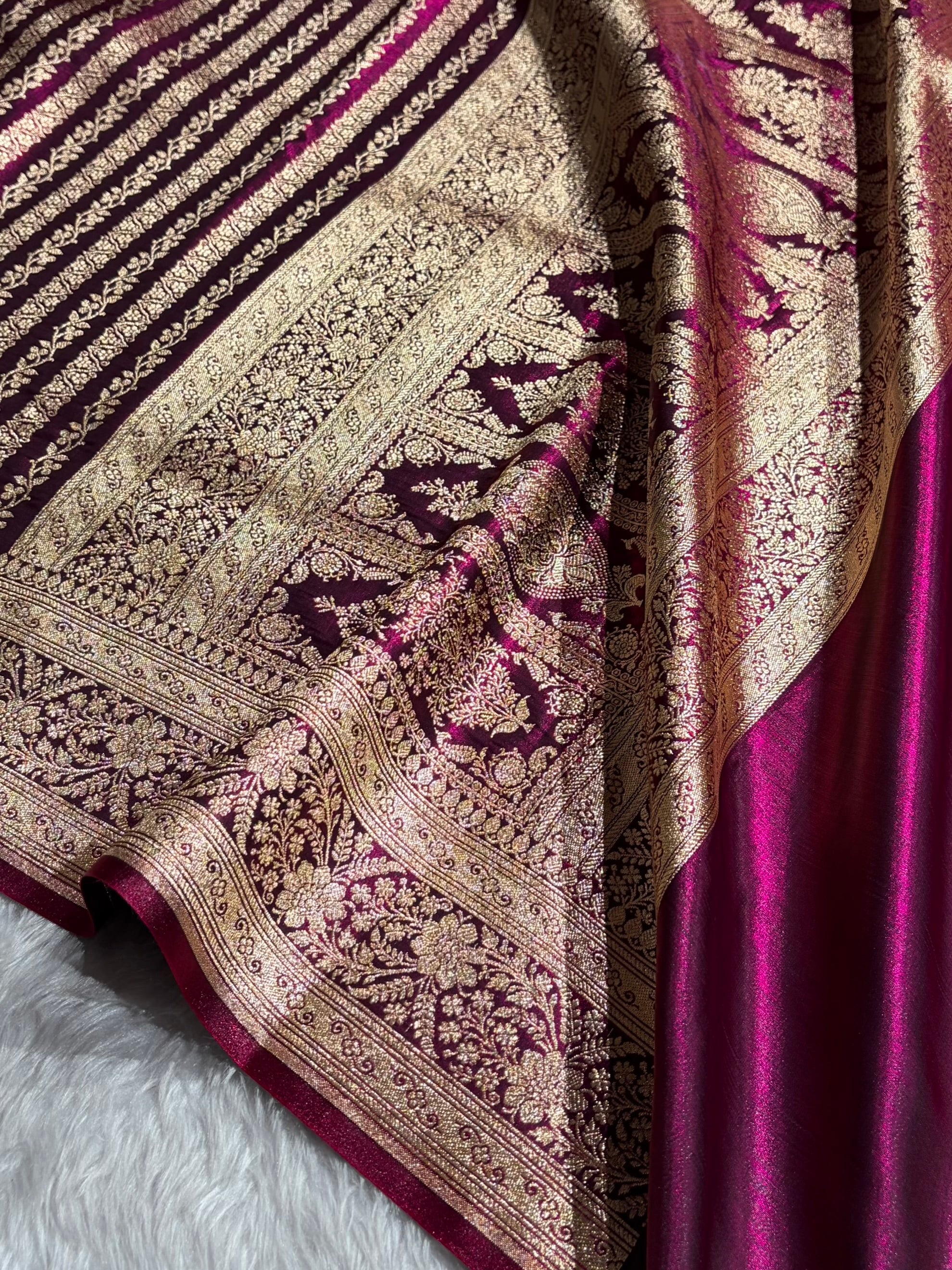 Wine Shades Stripe Pattern Banarasi Satin Silk Saree SS46