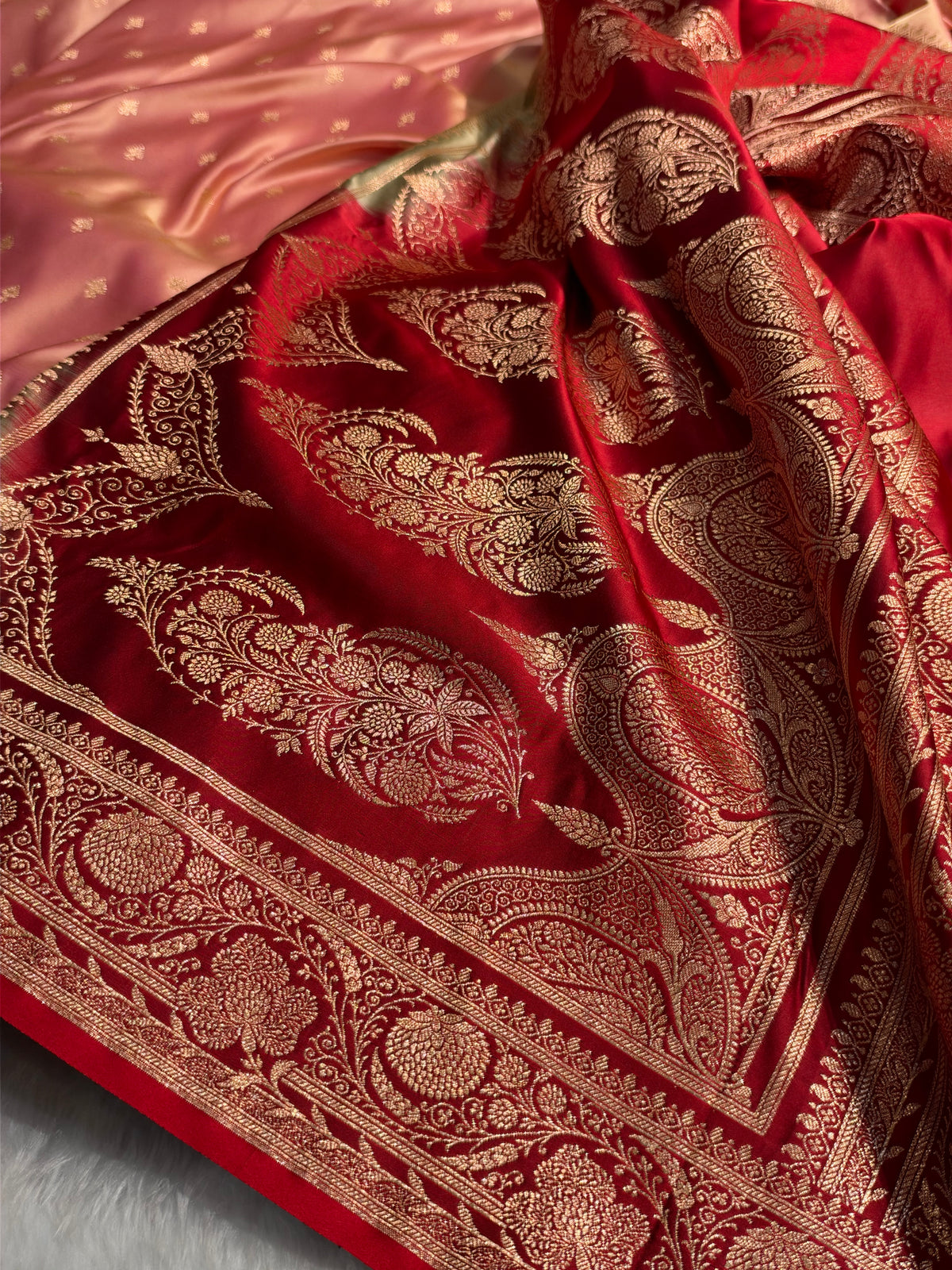 Banarasi Satin Katan Saree Floral Booti Pattern in Contrast Rose Gold / Maroon Shades SK153