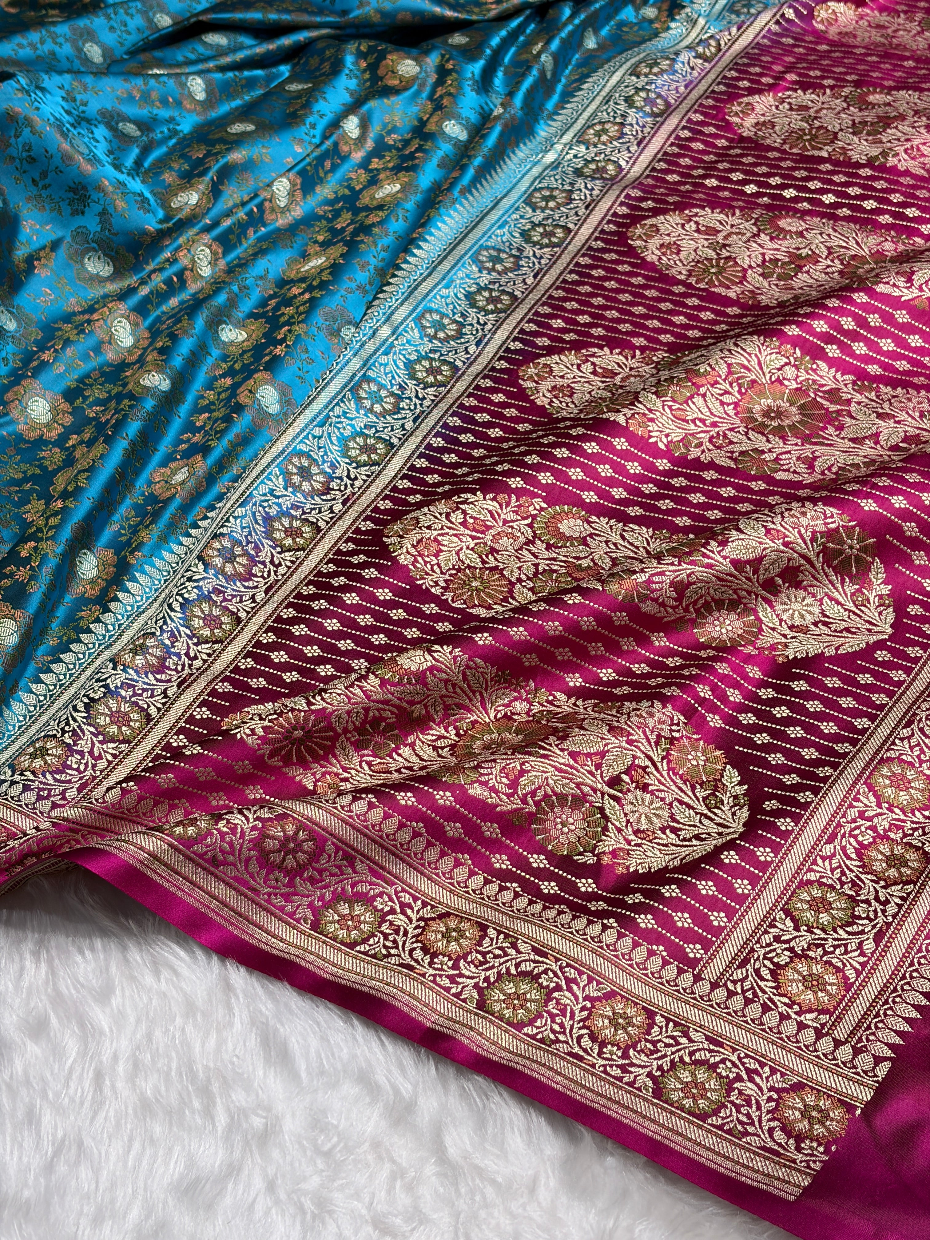 Firozi - Rani Contrast Jamawar Tanchoi Jaal Katan Silk Saree SKTM-21