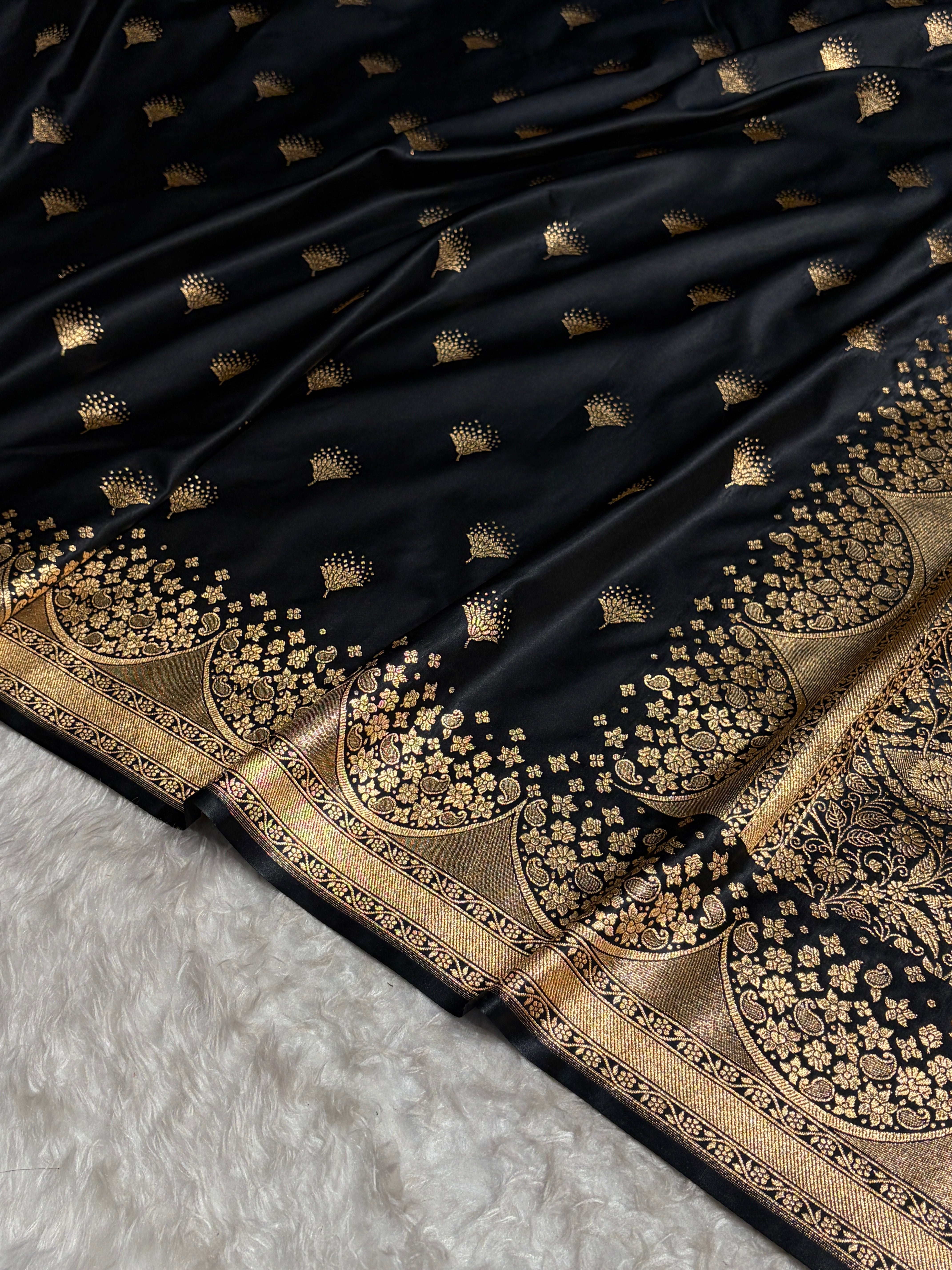 Black Floral Banasari Pattern Satin Katan Silk Saree SK83