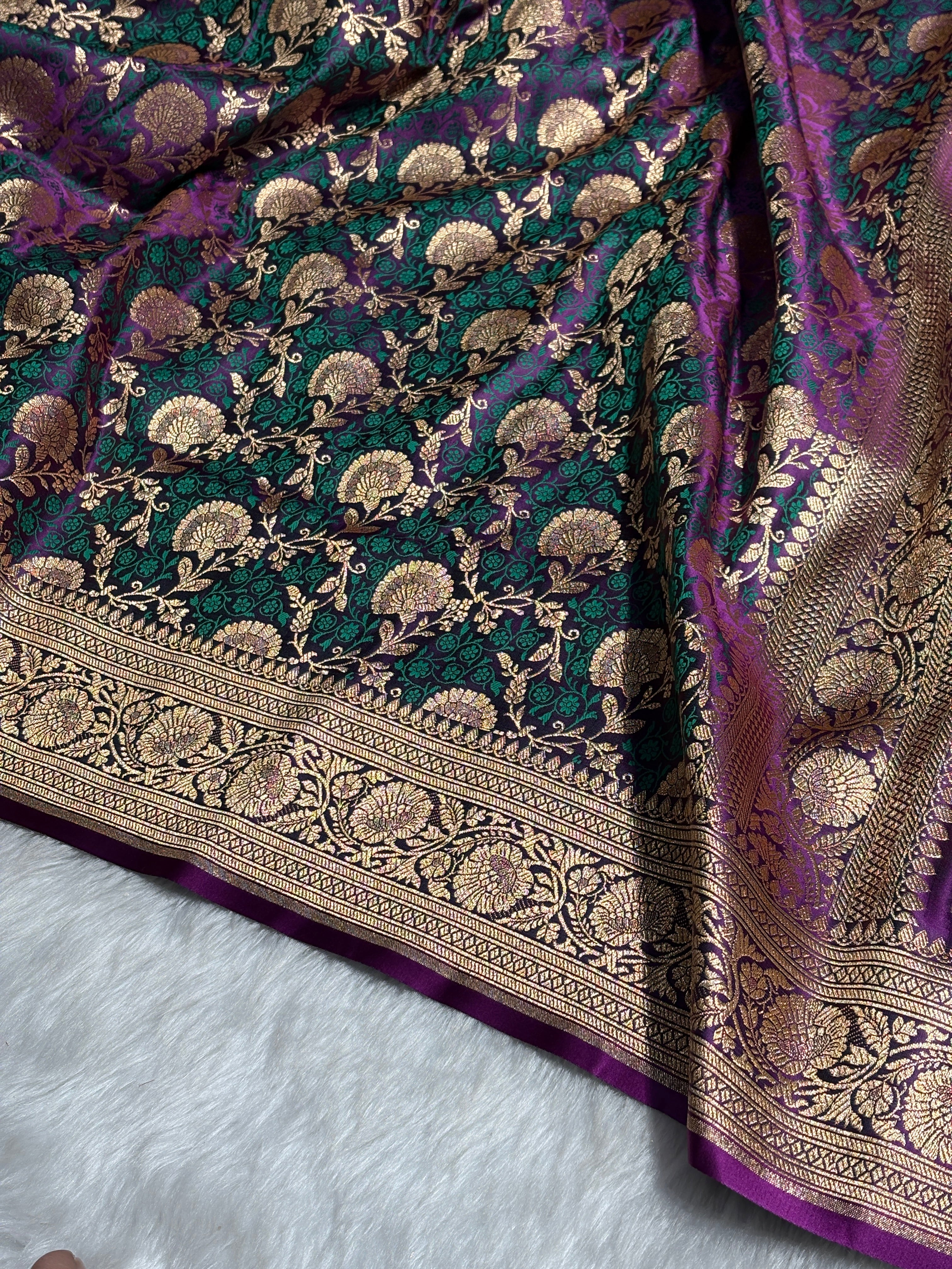 Purple With Green Tanchoi Satin Katan Silk Saree SKTM-05