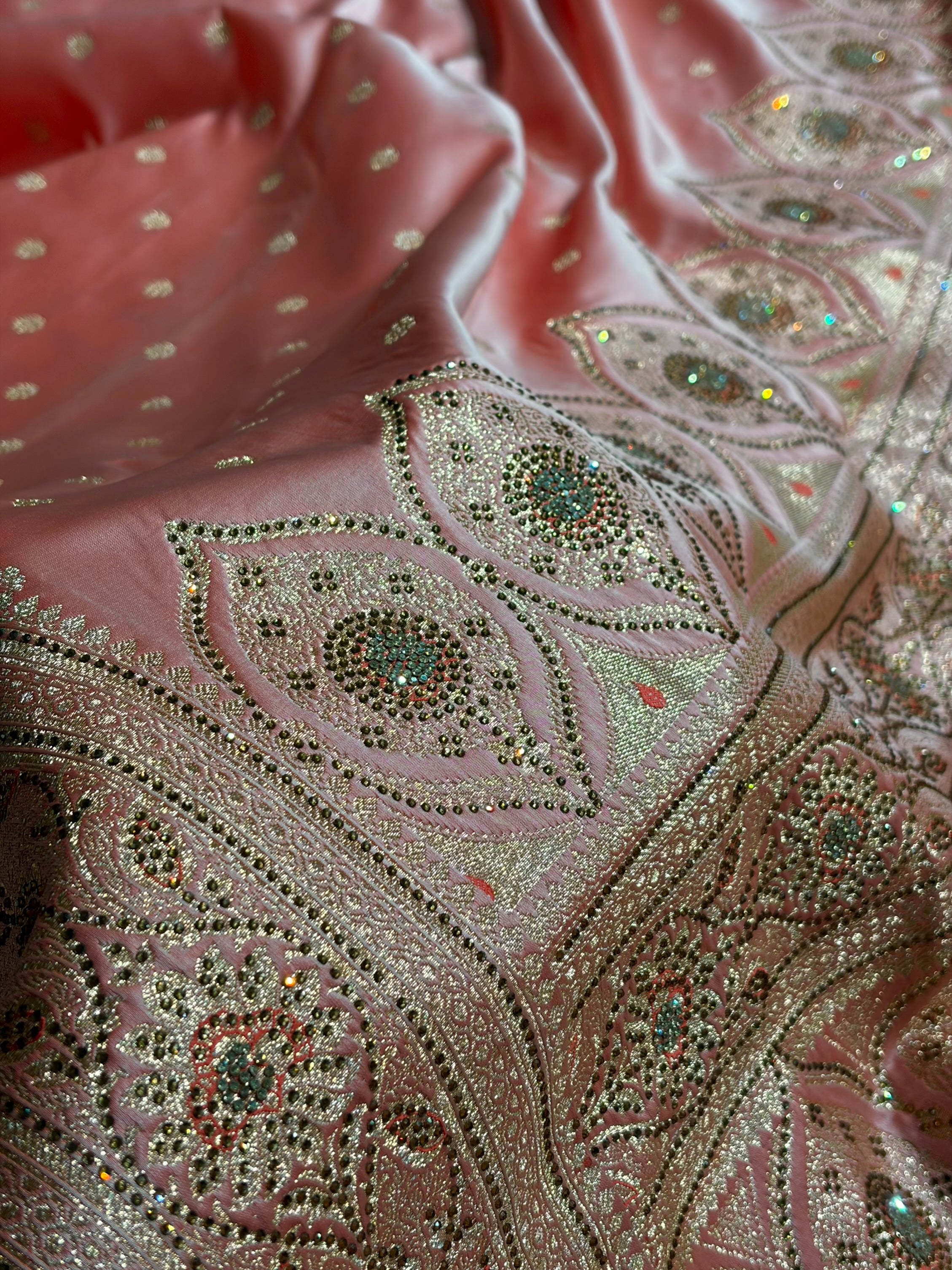 Baby Pink Booti With Swarovski Work Satin katan Silk Saree BSK11