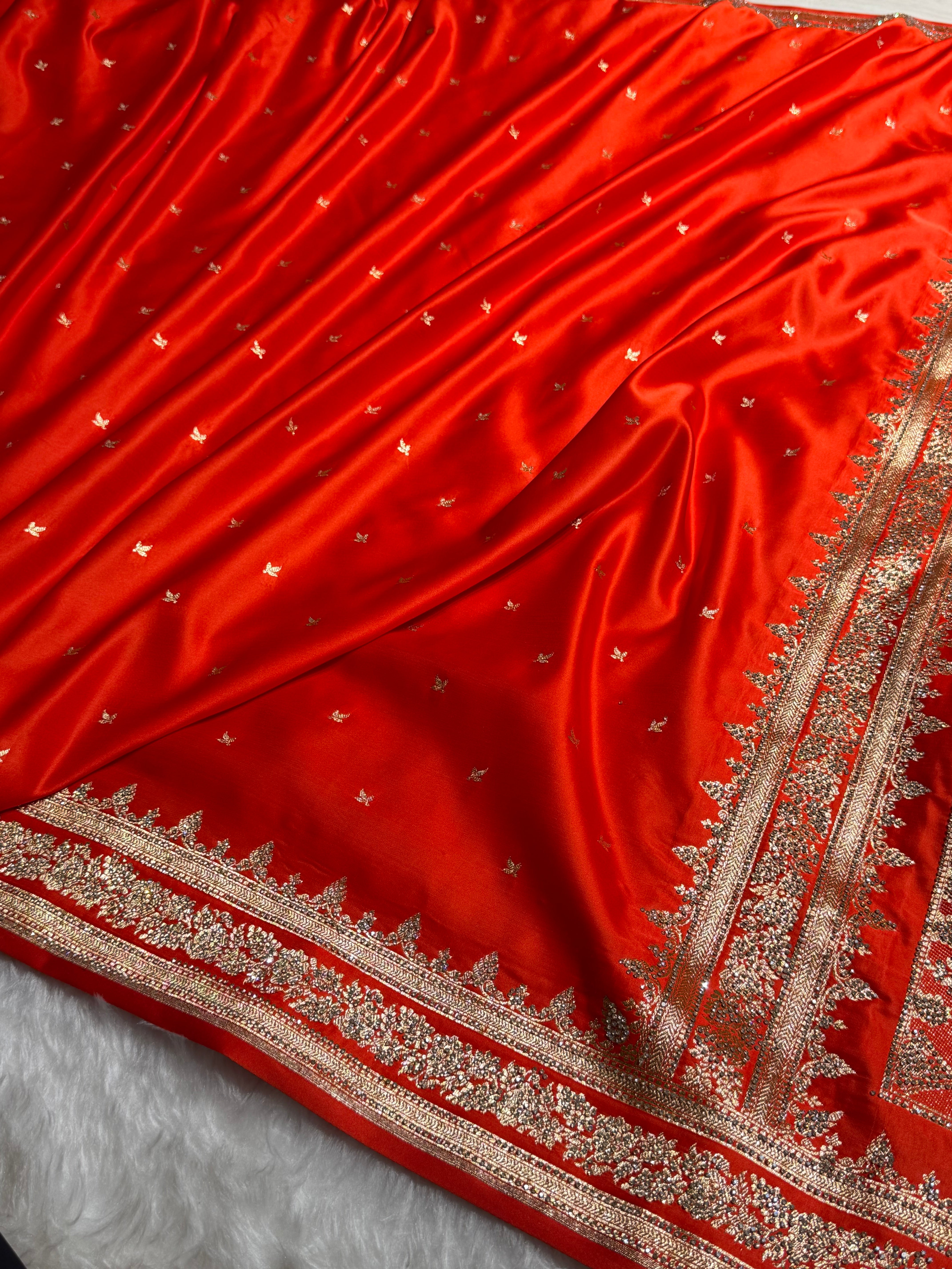 Orange Banarasi Swarovski Work Booti Katan Silk Saree BSKM17