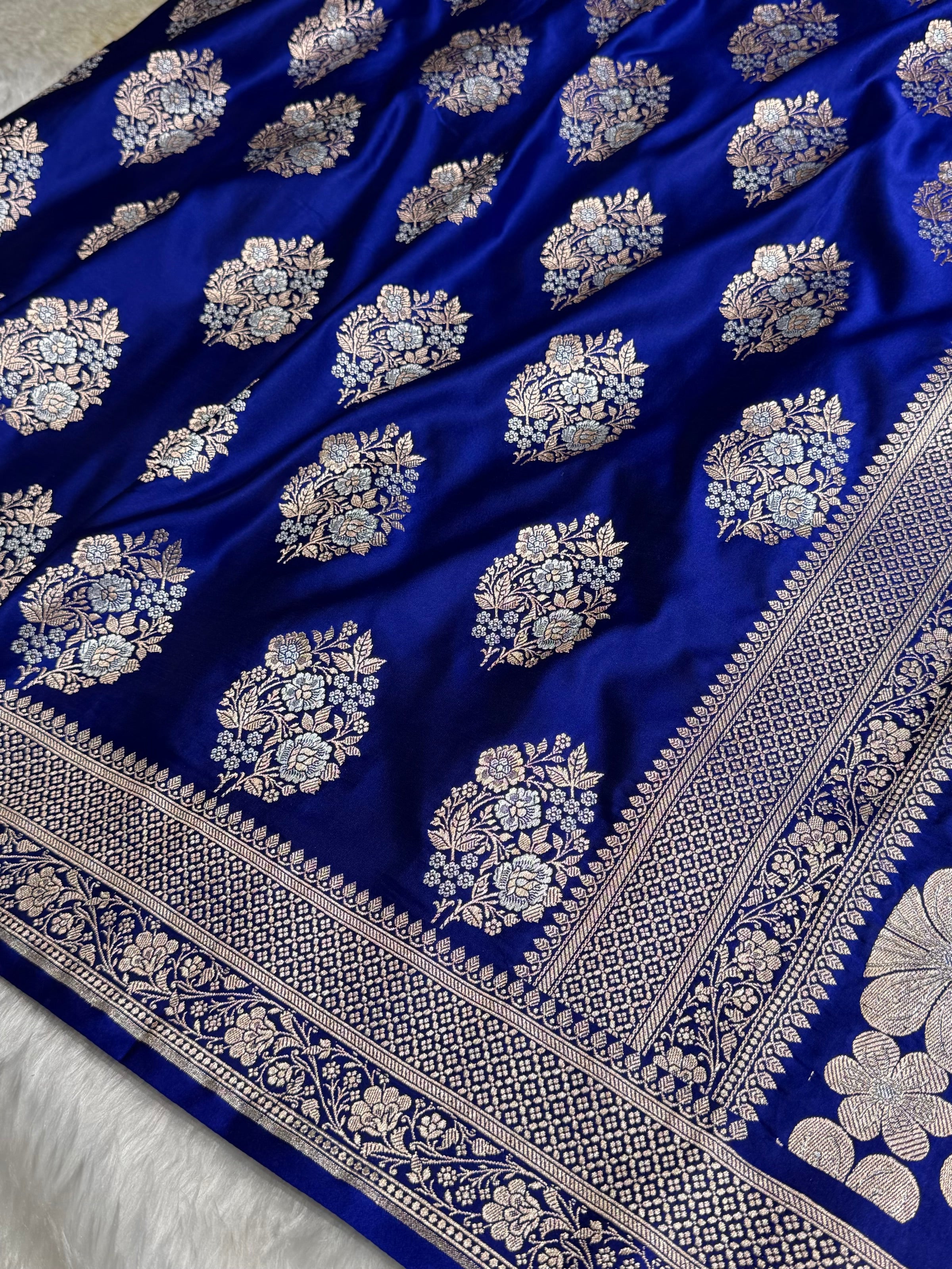 Premium Banarasi Satin Katan Saree With Minakari Boota in Royal Blue Shades SK93