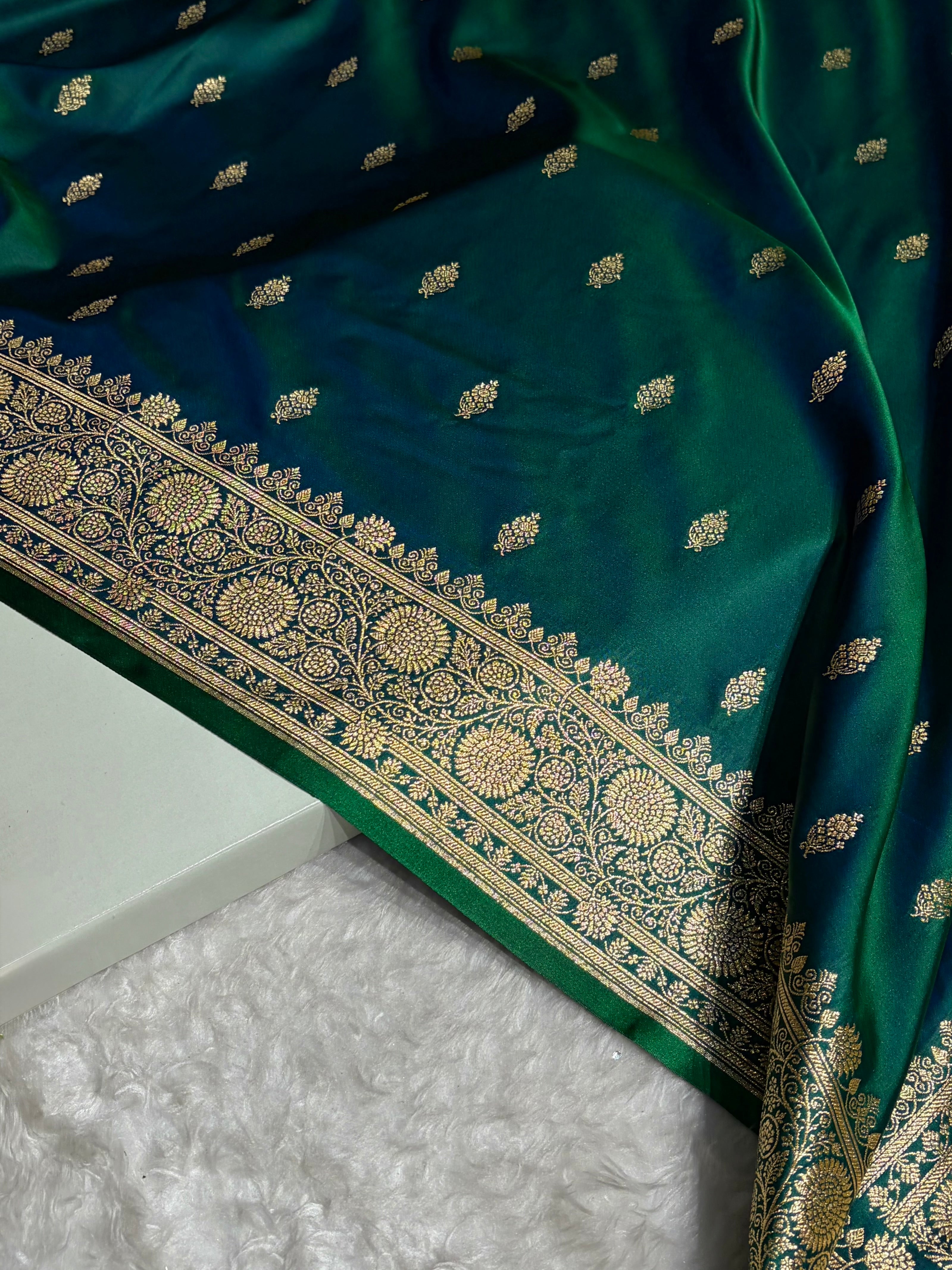 Banarasi Satin Katan Saree in Cross Green Shades SK82