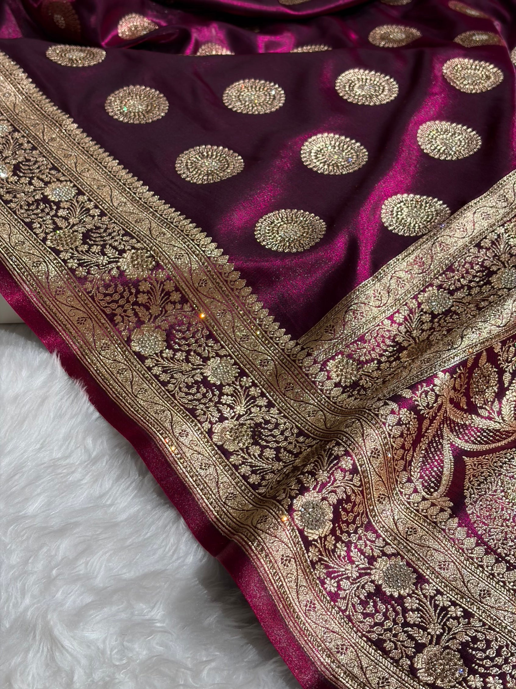 Wine Shades Banarasi With Swarovski Stone Work Satin Silk Saree BSS33