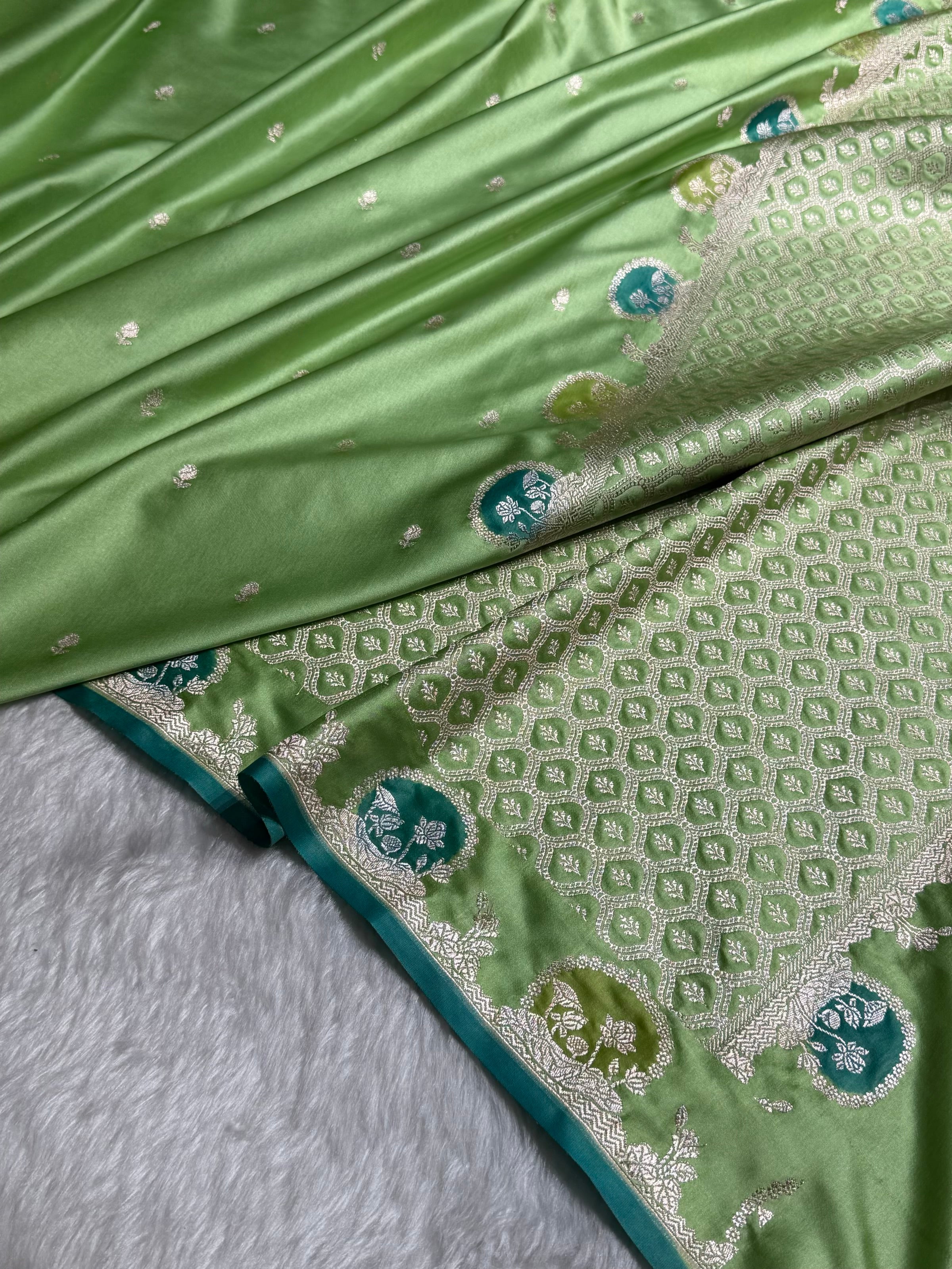 Banarasi Pista Shades With Minakari Floral Mashru Silk Saree MS91