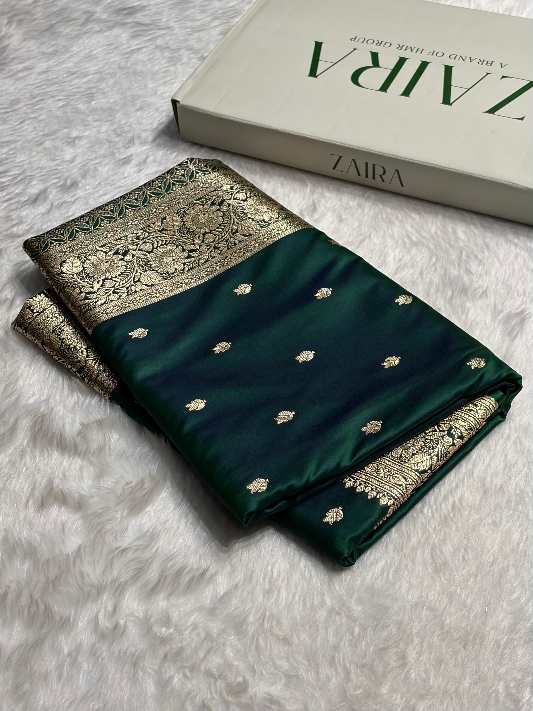 Cross Green Floral Cross Pattern Satin Katan Silk Saree SK75