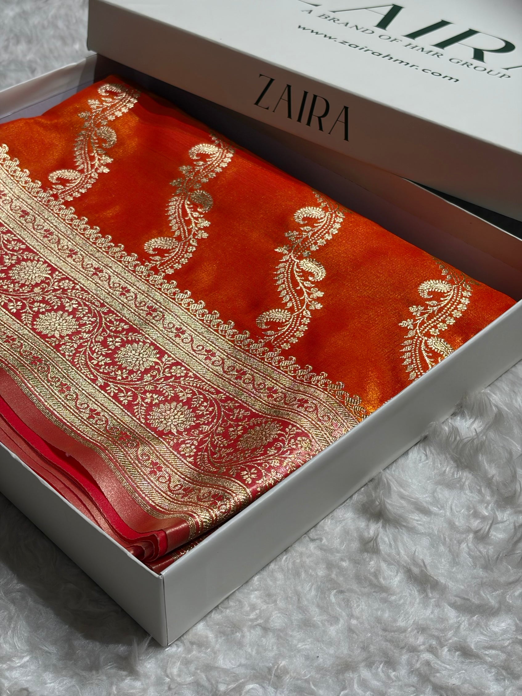 Fire Gold Contrast Shades Cross Pattern Banarasi Satin Silk Saree SS39