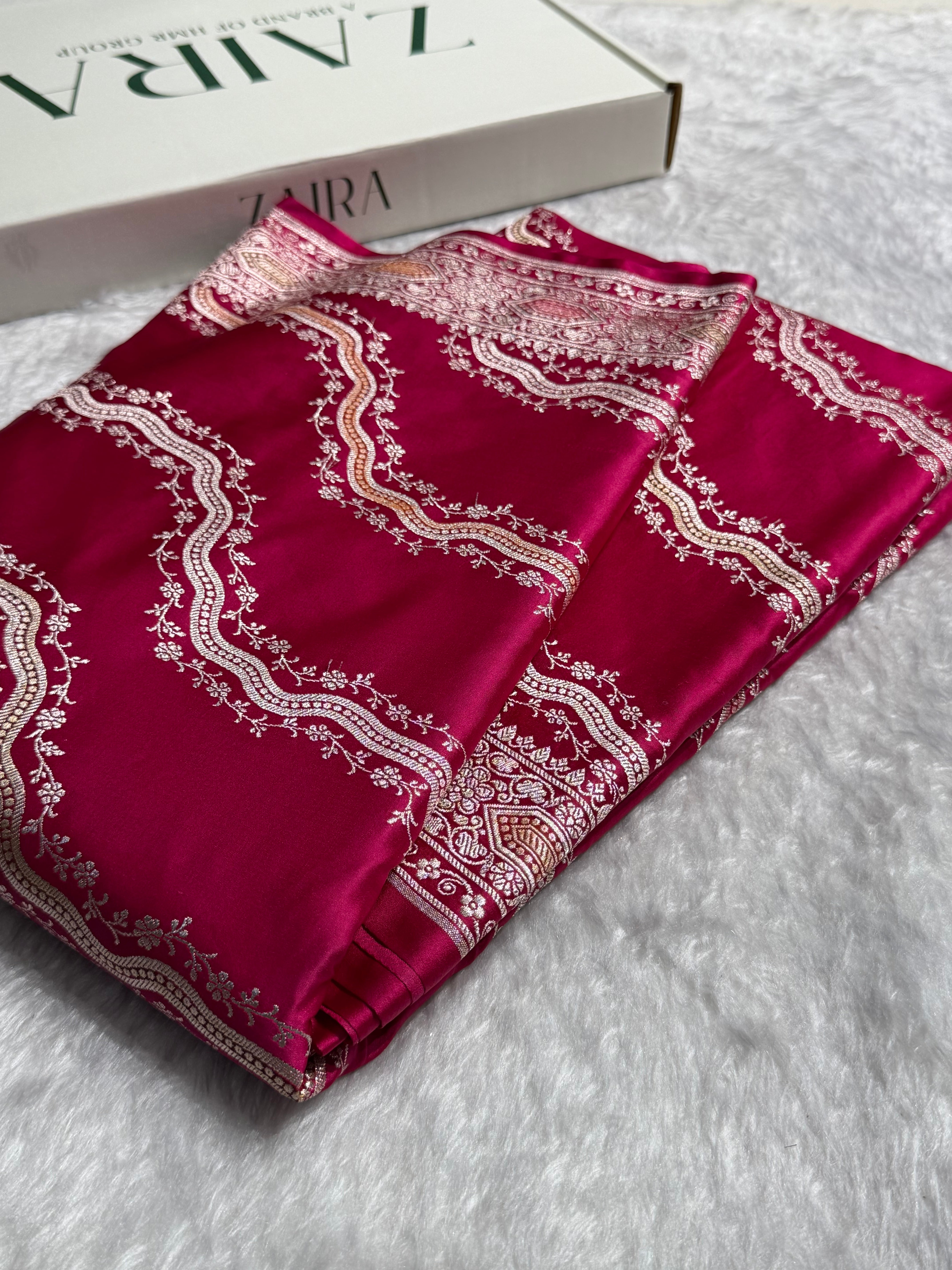 Banarasi Minakari Cross Pattern in Rani Pink Shades Mashru Silk Saree MS93
