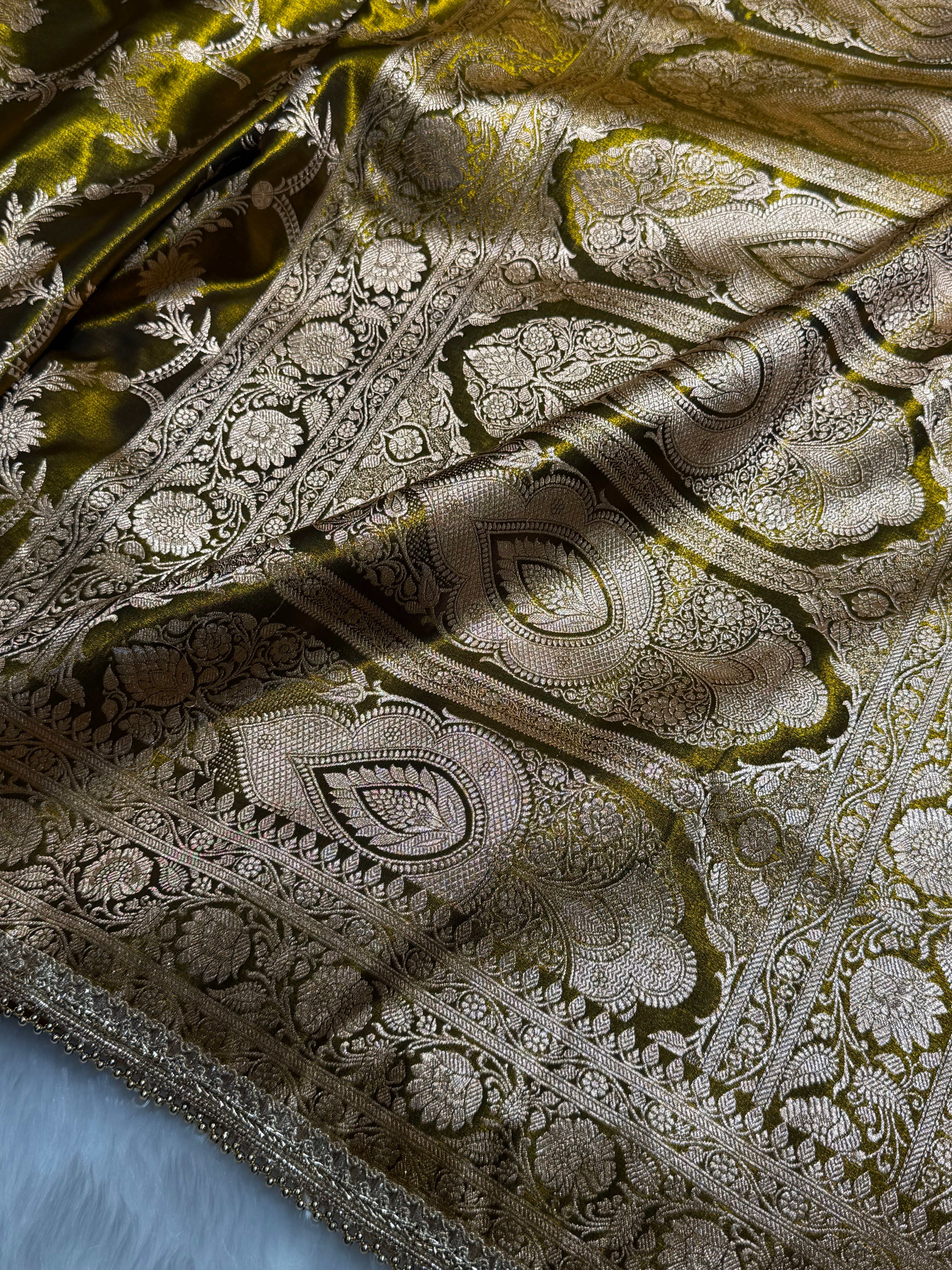 Satin Silk Banarasi Jaal In Mehandi Shades with Gota Patti SSGP18