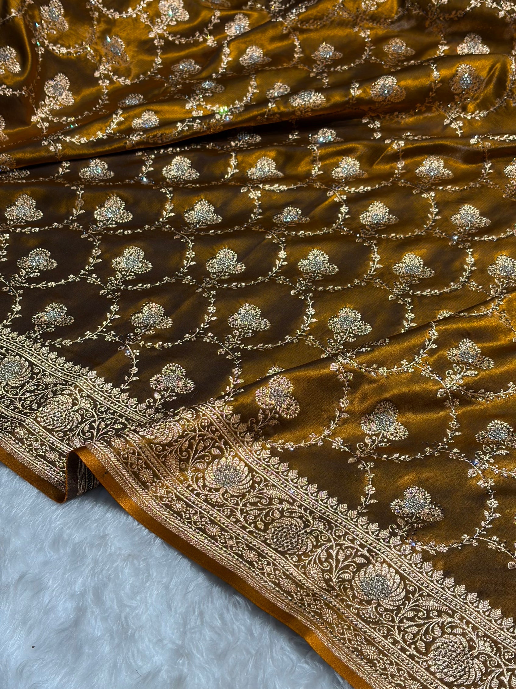 Satin Silk Saree Banarasi Swarovski Work Jaal in Mehendi Shades BSS23 (R)