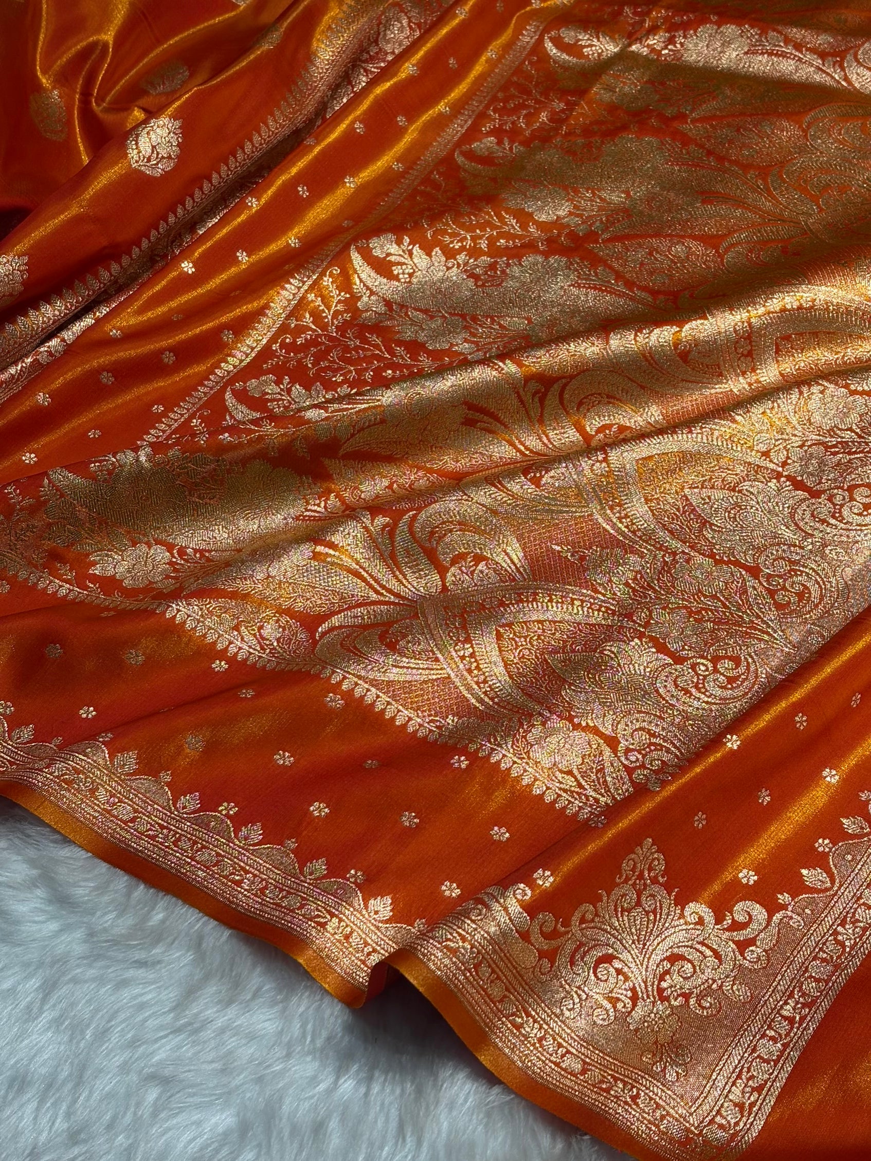 Satin Silk Saree Booti Motif in Orange Shades SS20