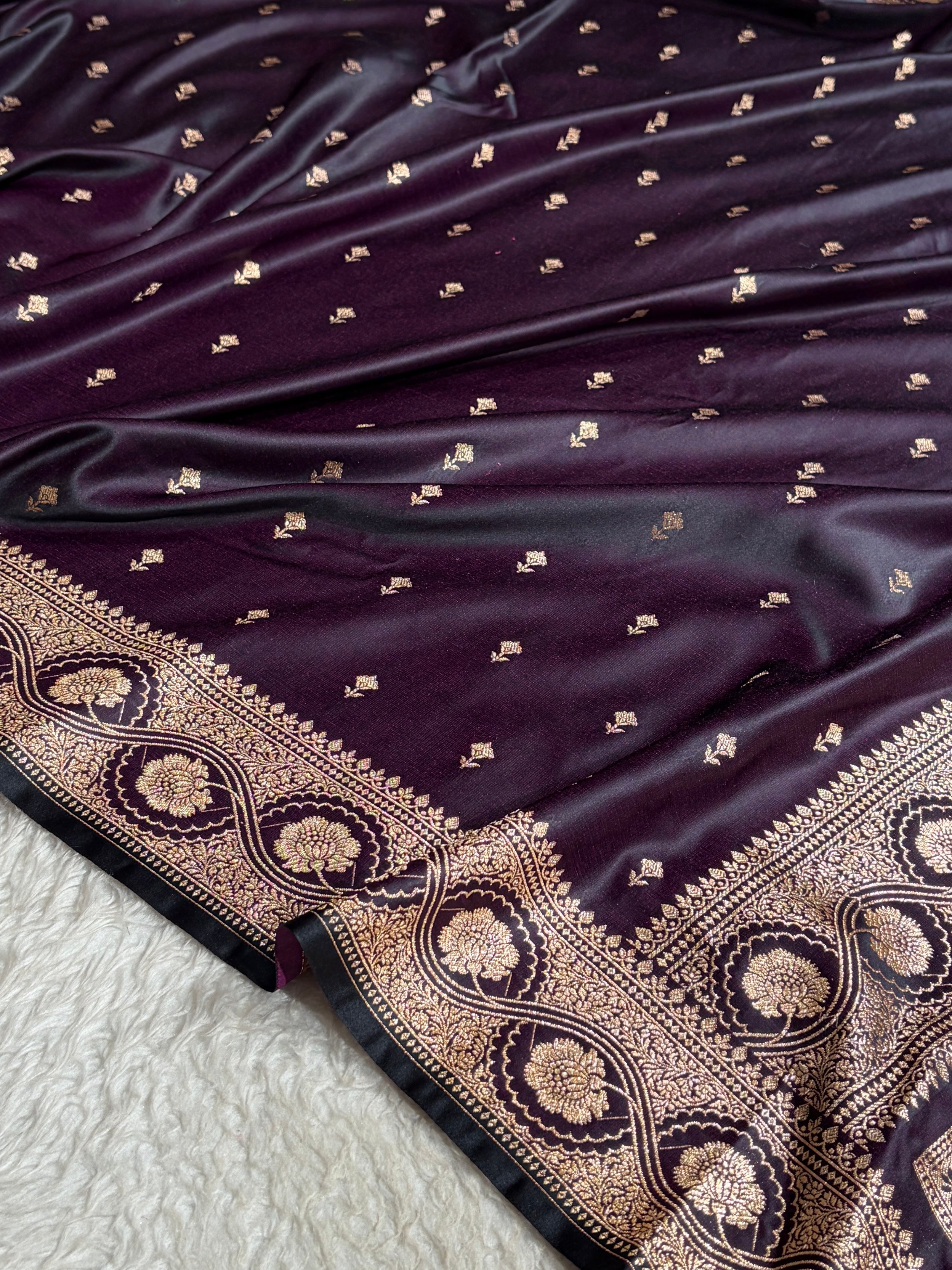 Dark Wine Booti Pattern Satin Katan Silk Saree SK54
