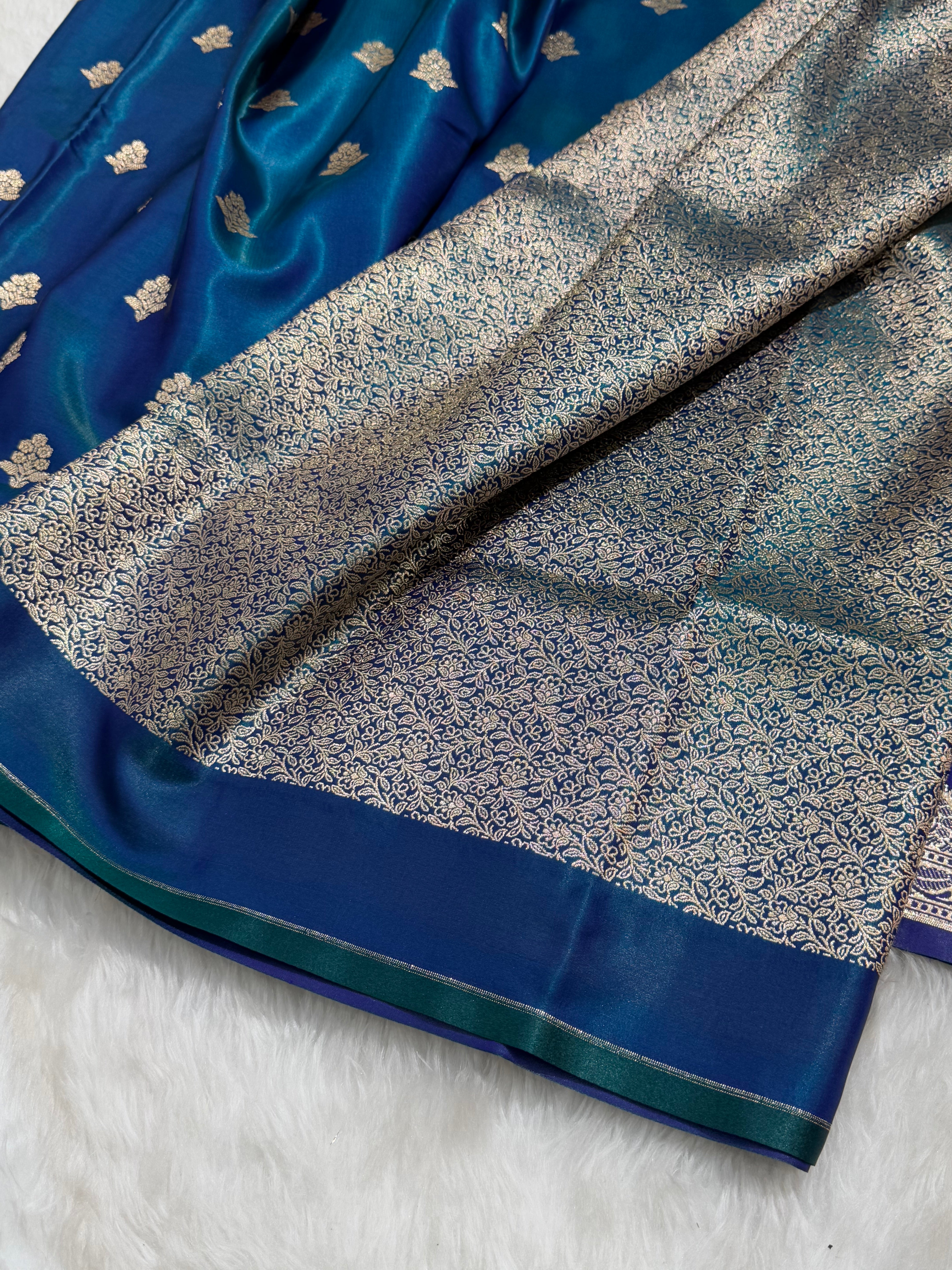 Light Wight Satin Silk Boota in Peacock Shades with brocade Blouse SS07