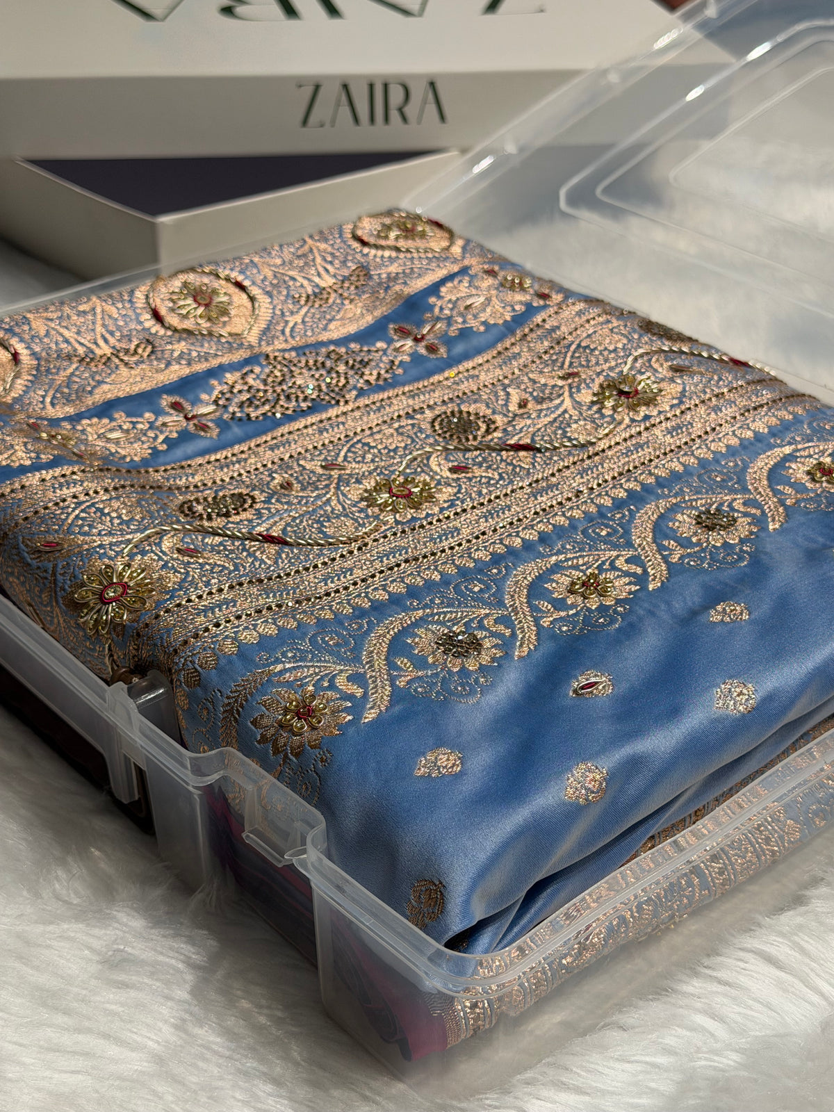 Banarasi Satin Katan Silk Saree With Ari Zardozi And Swarovski Work In Pastel Firozy Shades BSK08