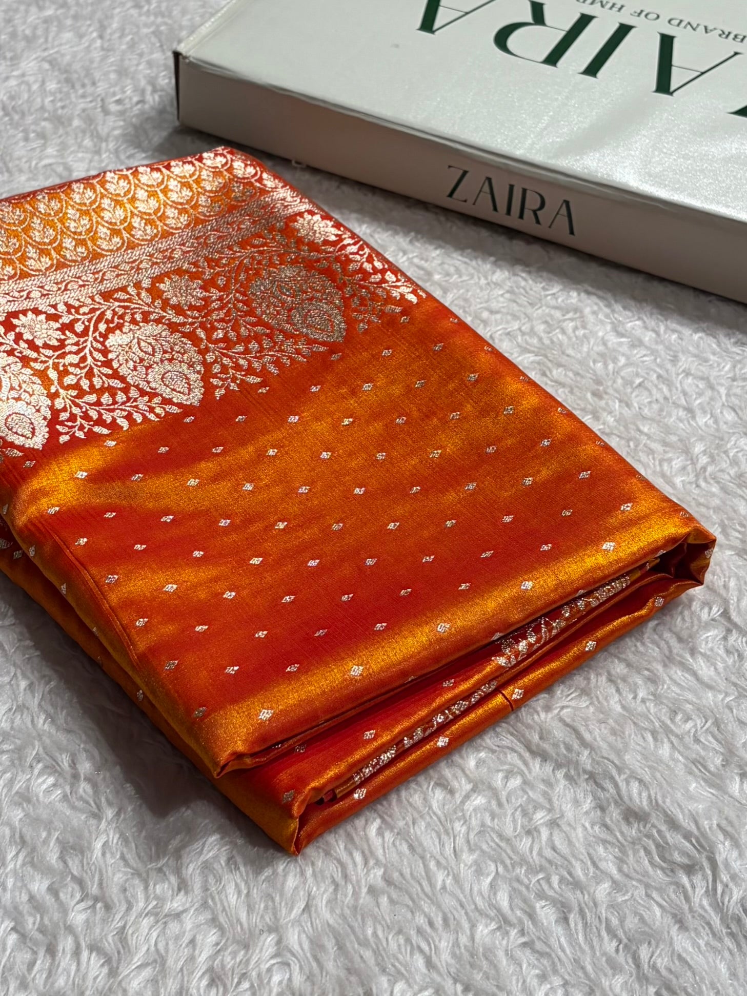 Satin Silk Saree Floral Boota in Firs Gold Shades SS28