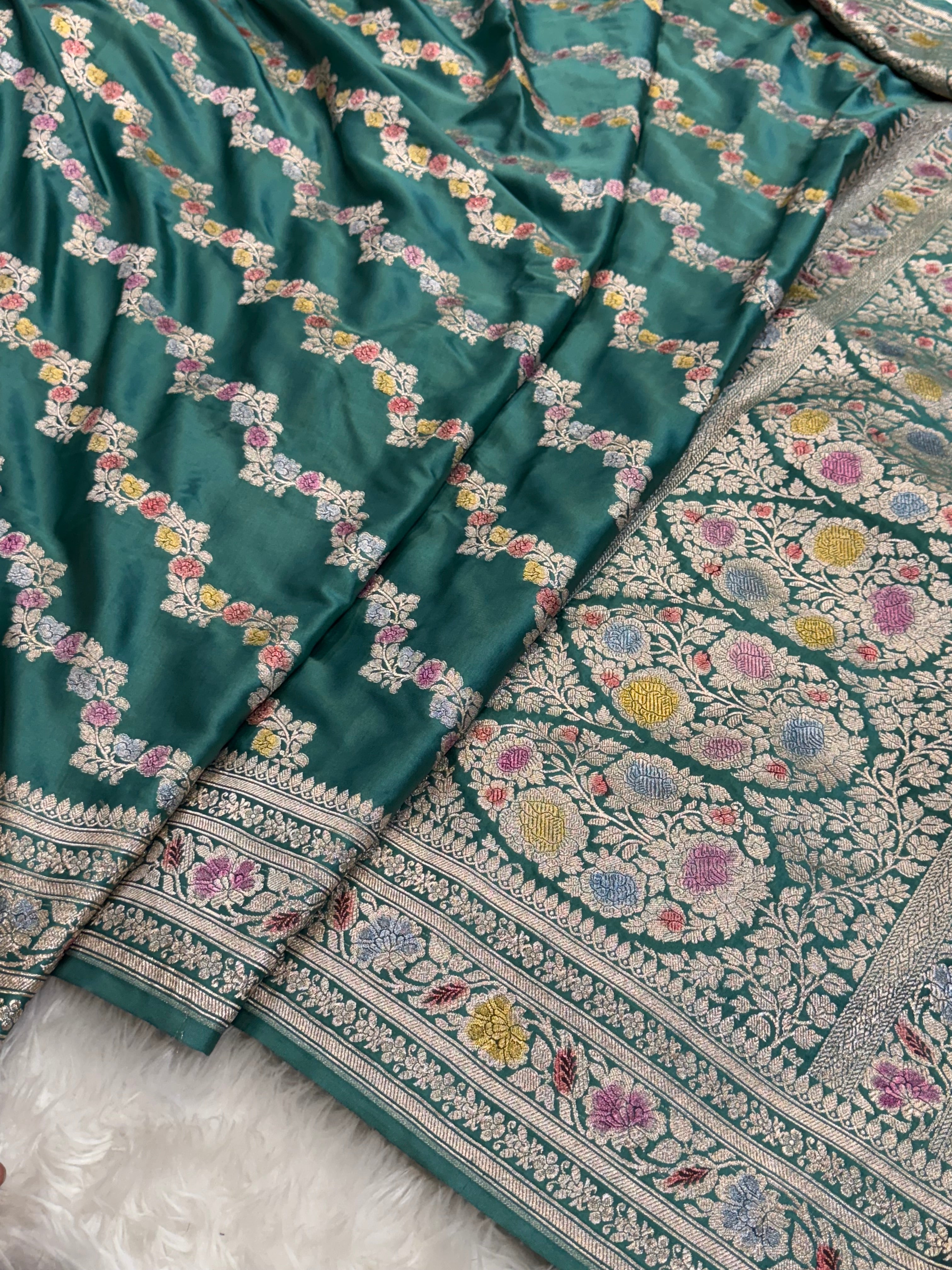 Turqoise Minakari Mashru Silk Saree With Cross Pattern