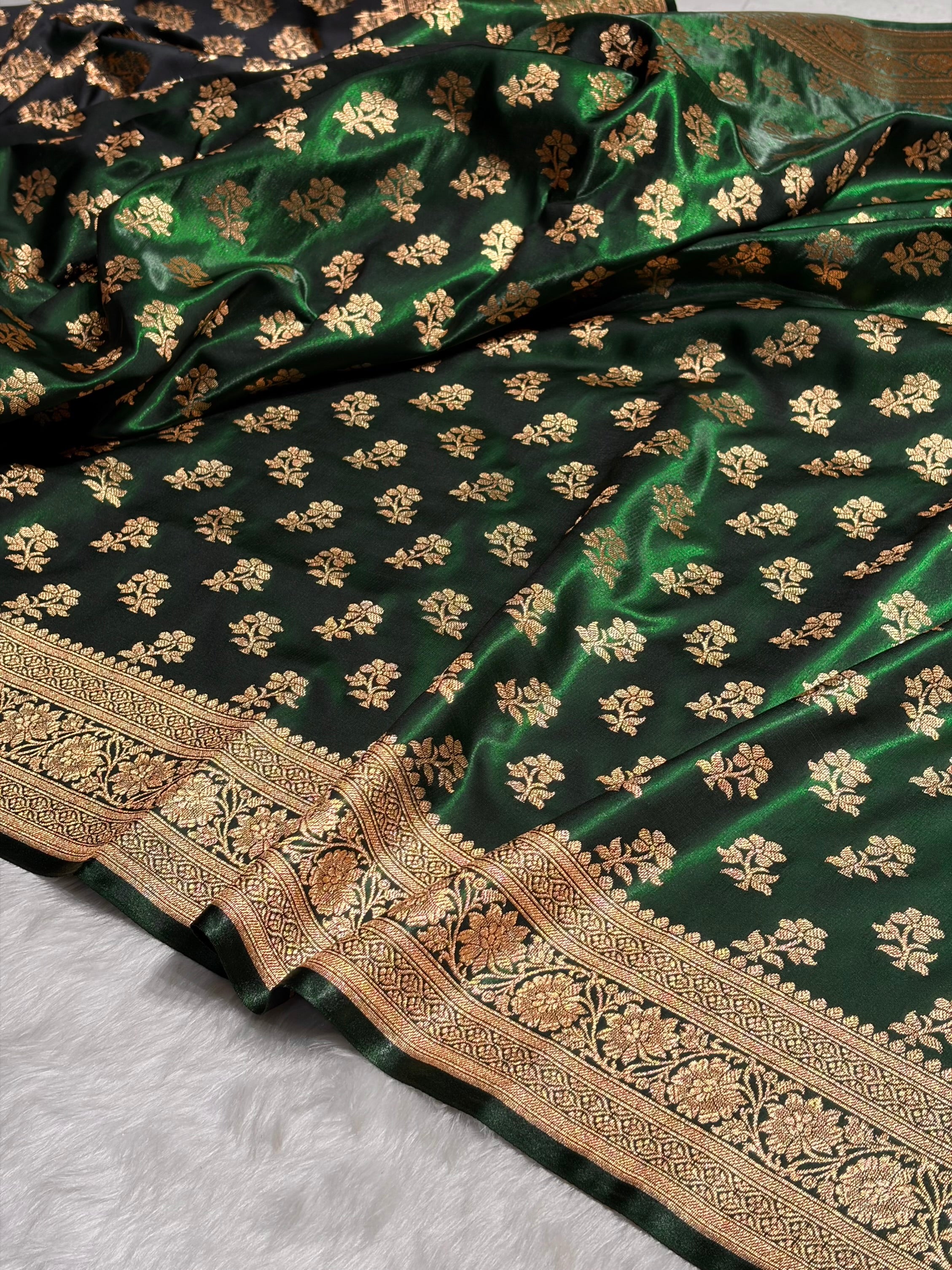 Bottle Green Shades Banarasi Satin Silk Saree SS34